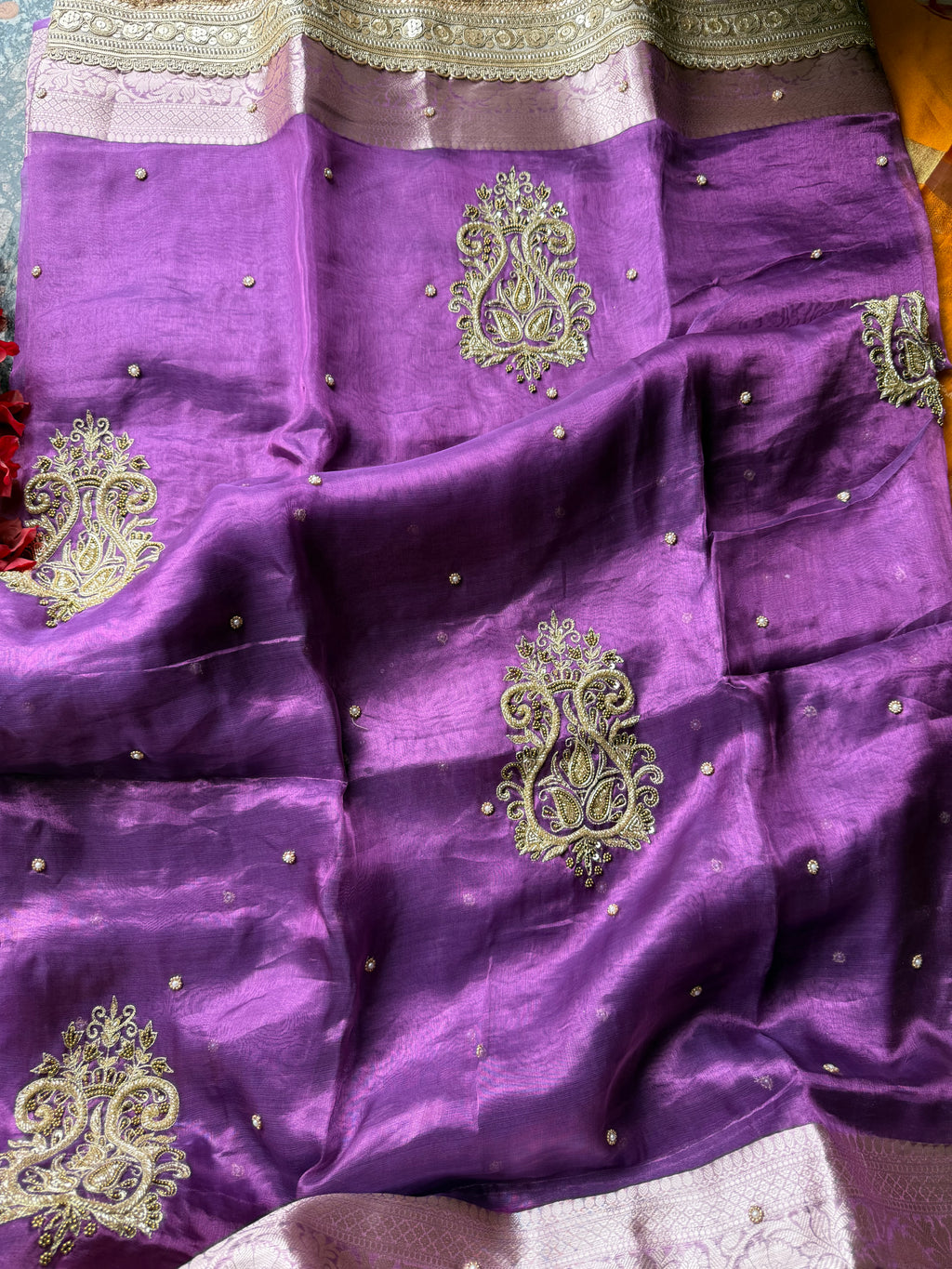 Pure Tissue Silk Saree With Hand Embroidery