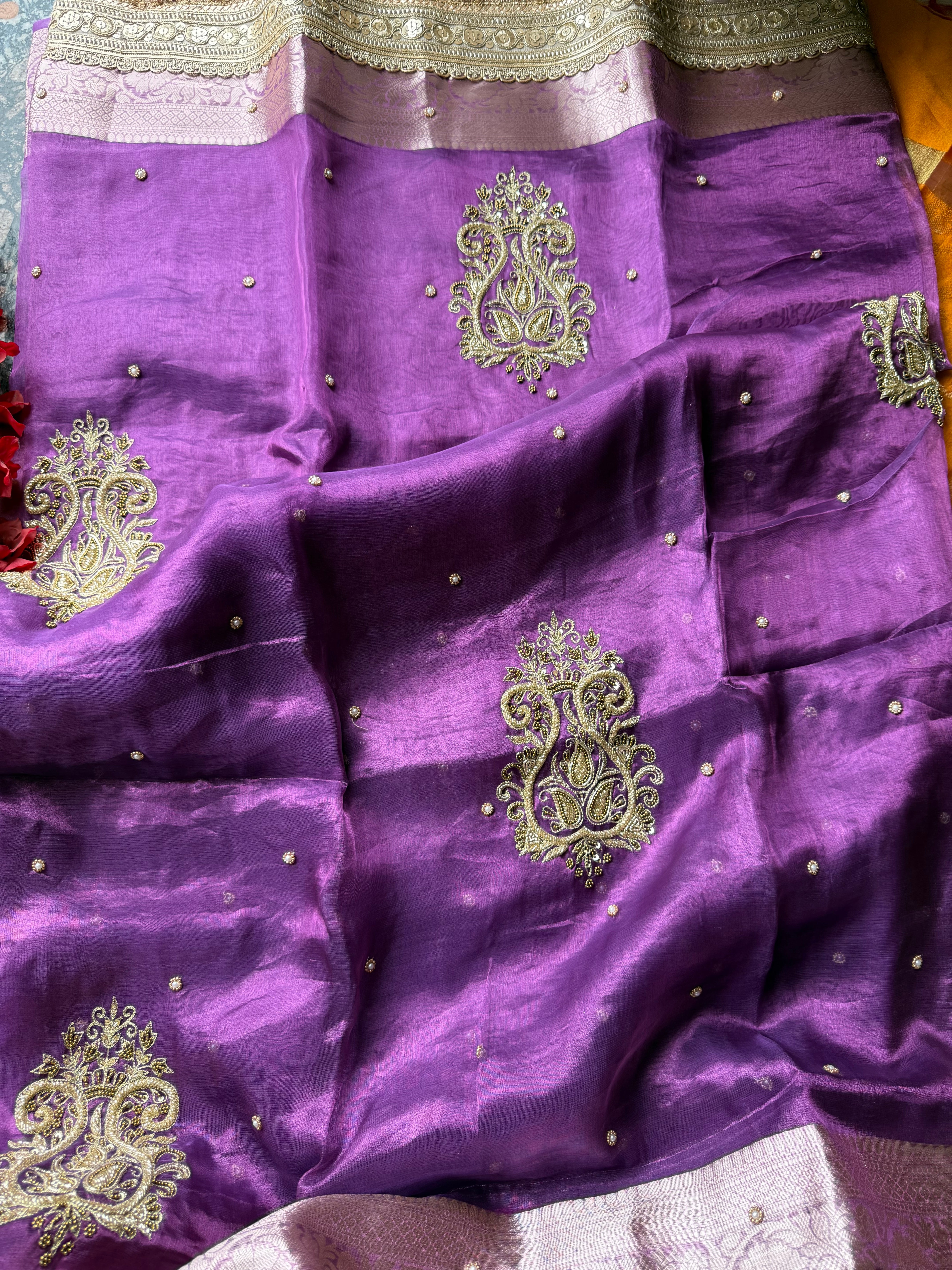 Pure Tissue Silk Saree With Hand Embroidery