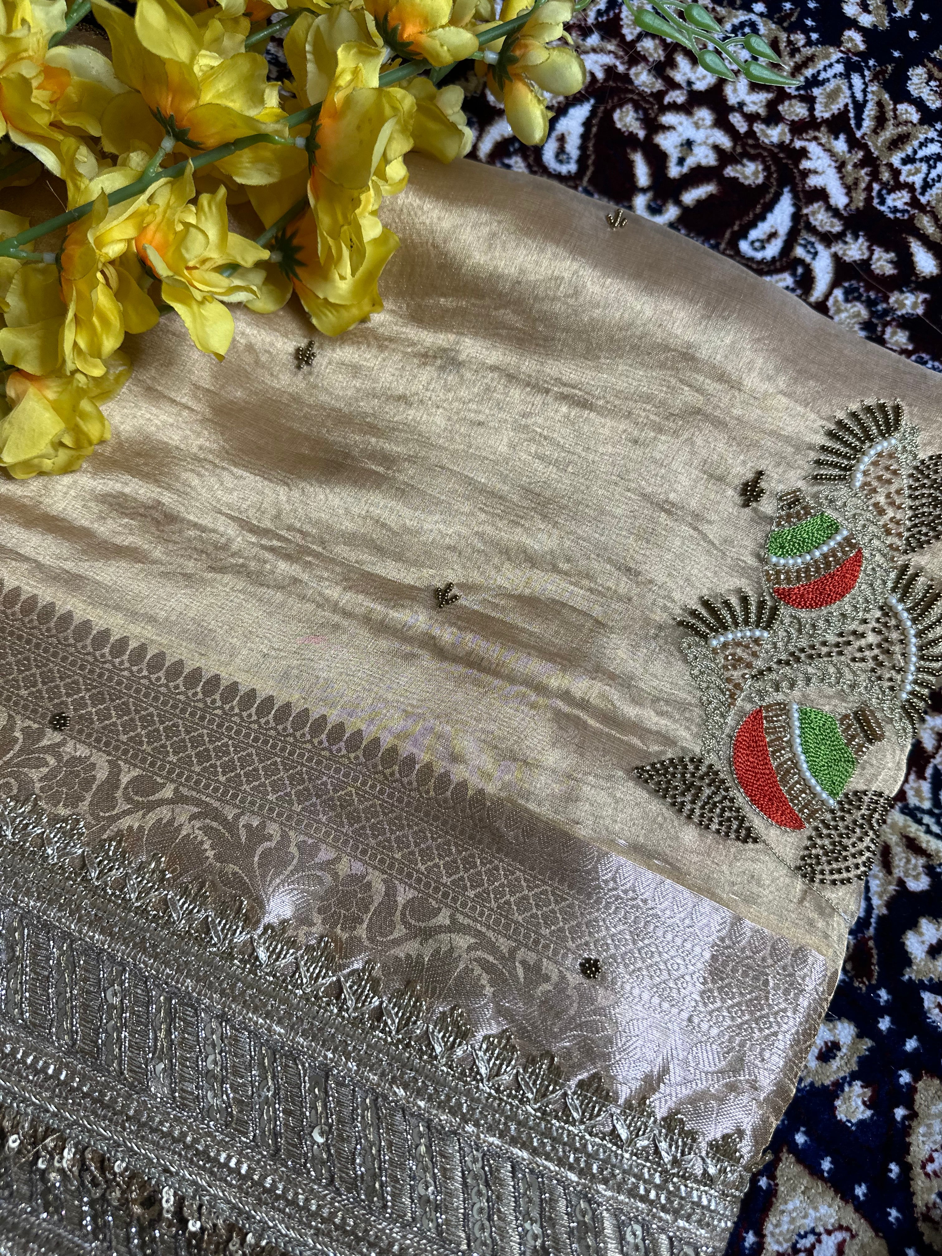 Pure Tissue Silk Saree With Hand Embroidery