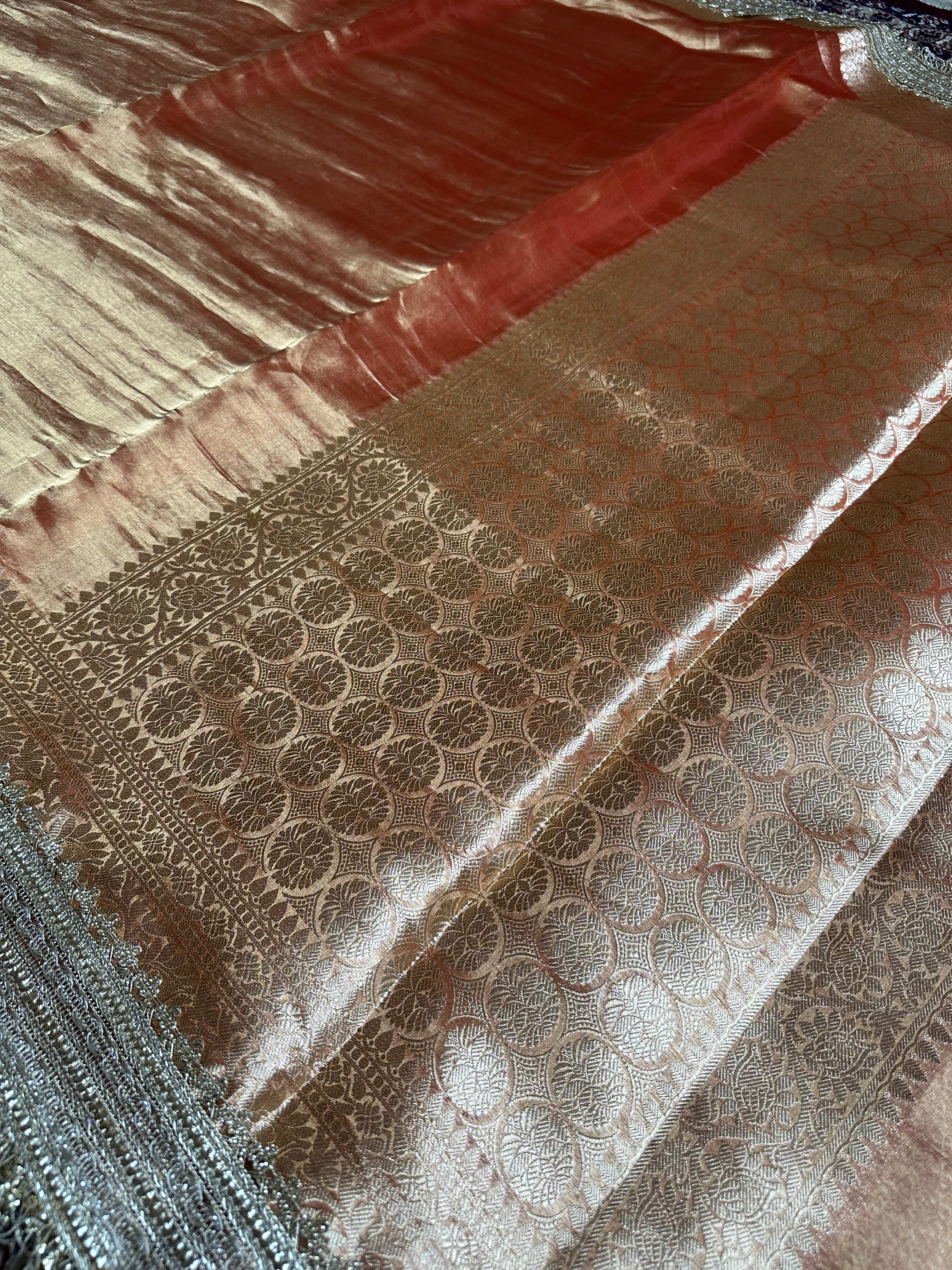 Sunset Orange Sheen Gulbahaar - Pure Tissue Silk Saree With Hand Embroidery