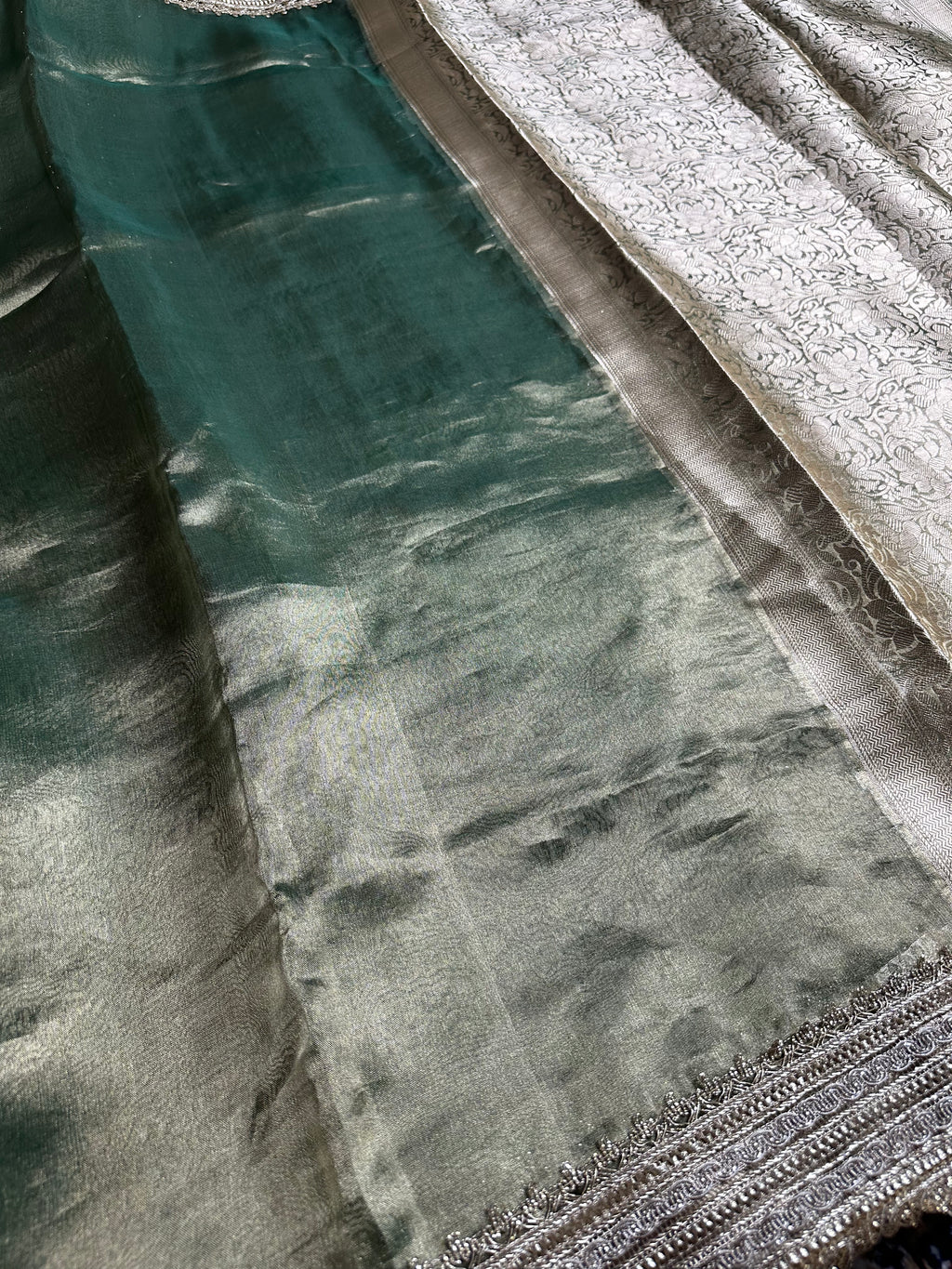 Pista Metallic Sheen Gulbahaar - Pure Tissue Silk Saree With Hand Embroidery