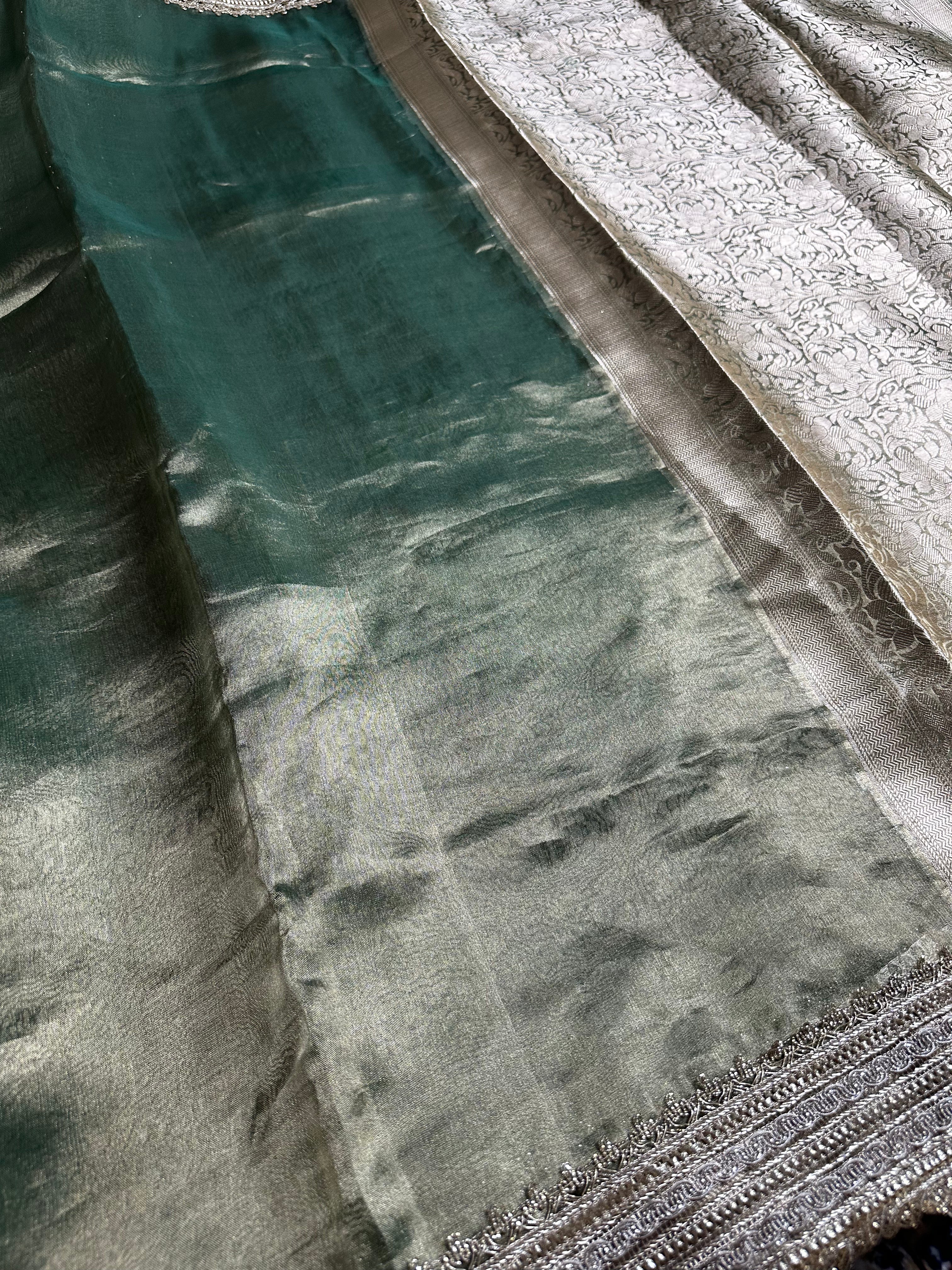 Pista Metallic Sheen Gulbahaar - Pure Tissue Silk Saree With Hand Embroidery