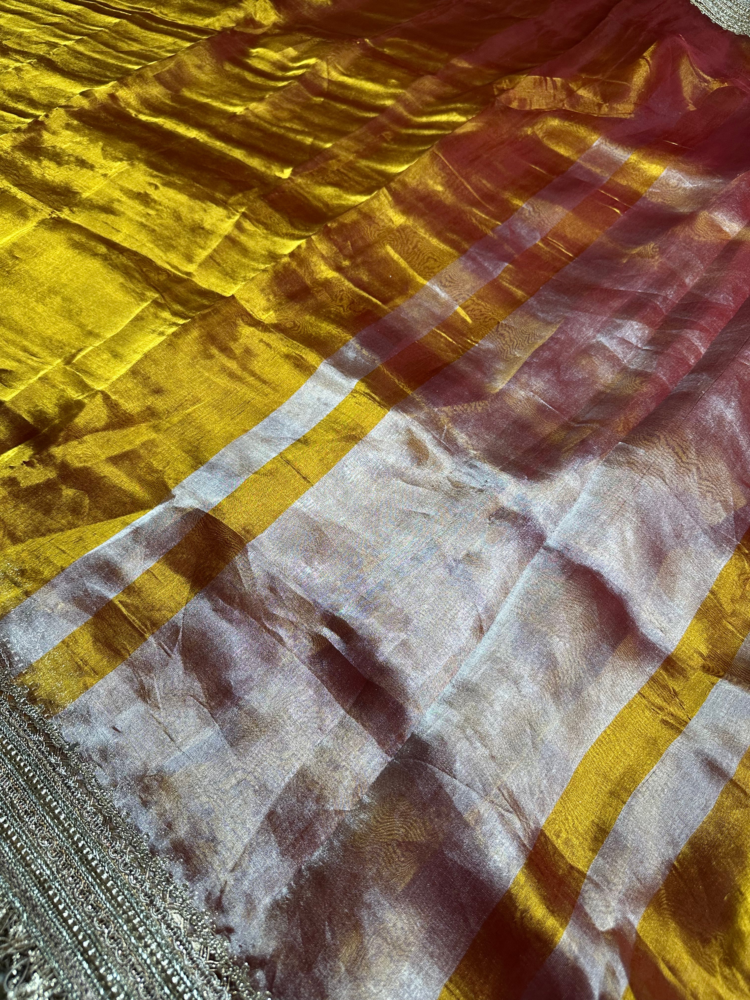 Opaline Gold Gulbahaar - Pure Tissue Silk Saree With Hand Embroidery