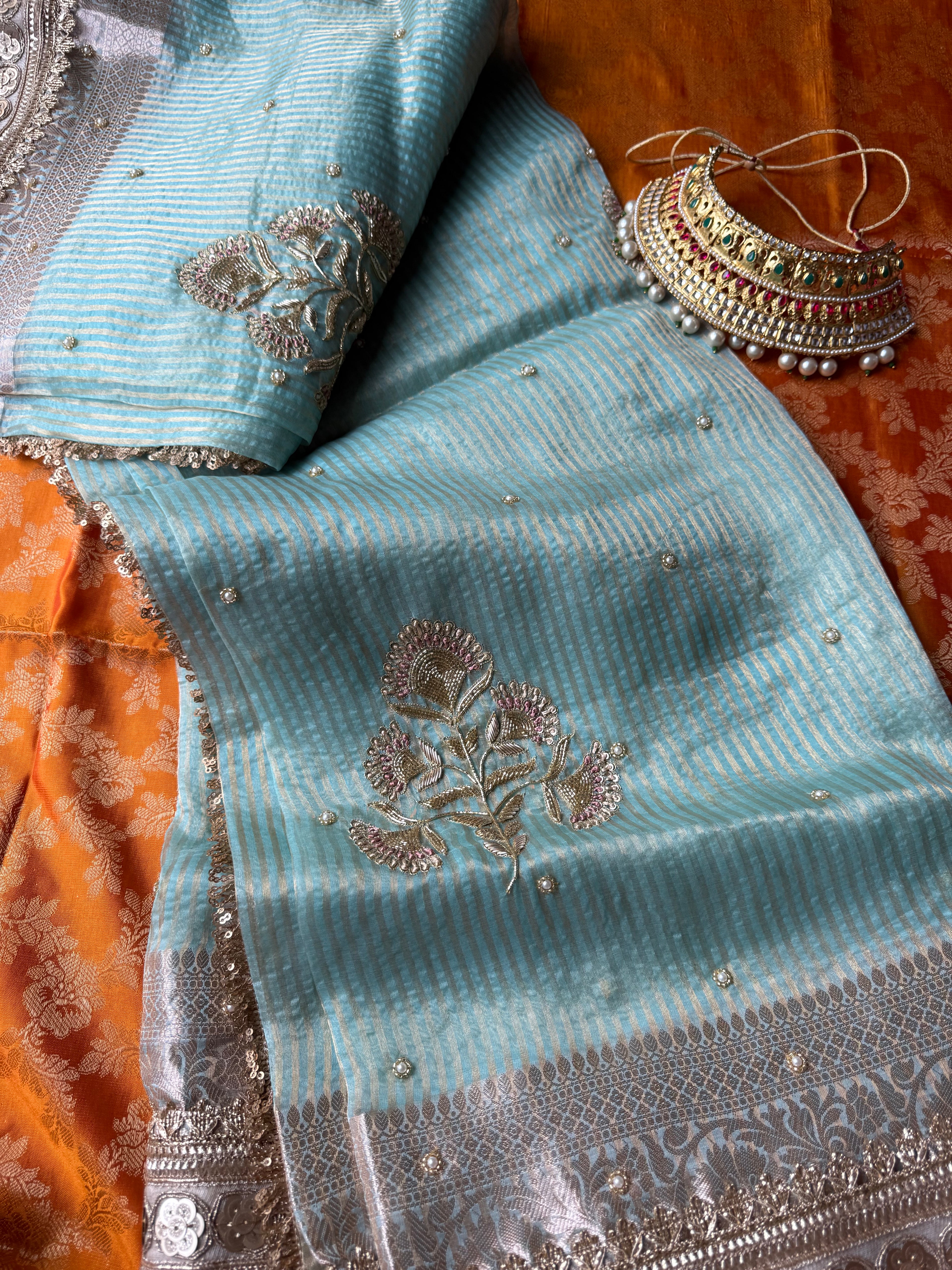 Blue - Pure Tissue Silk Saree With Hand Embroidery