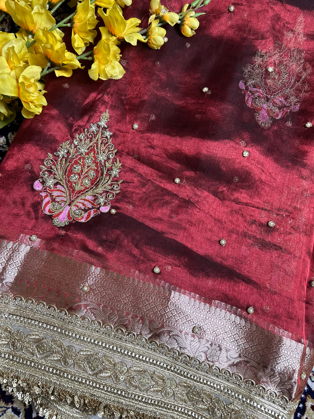 Pure Tissue Silk Saree With Hand Embroidery