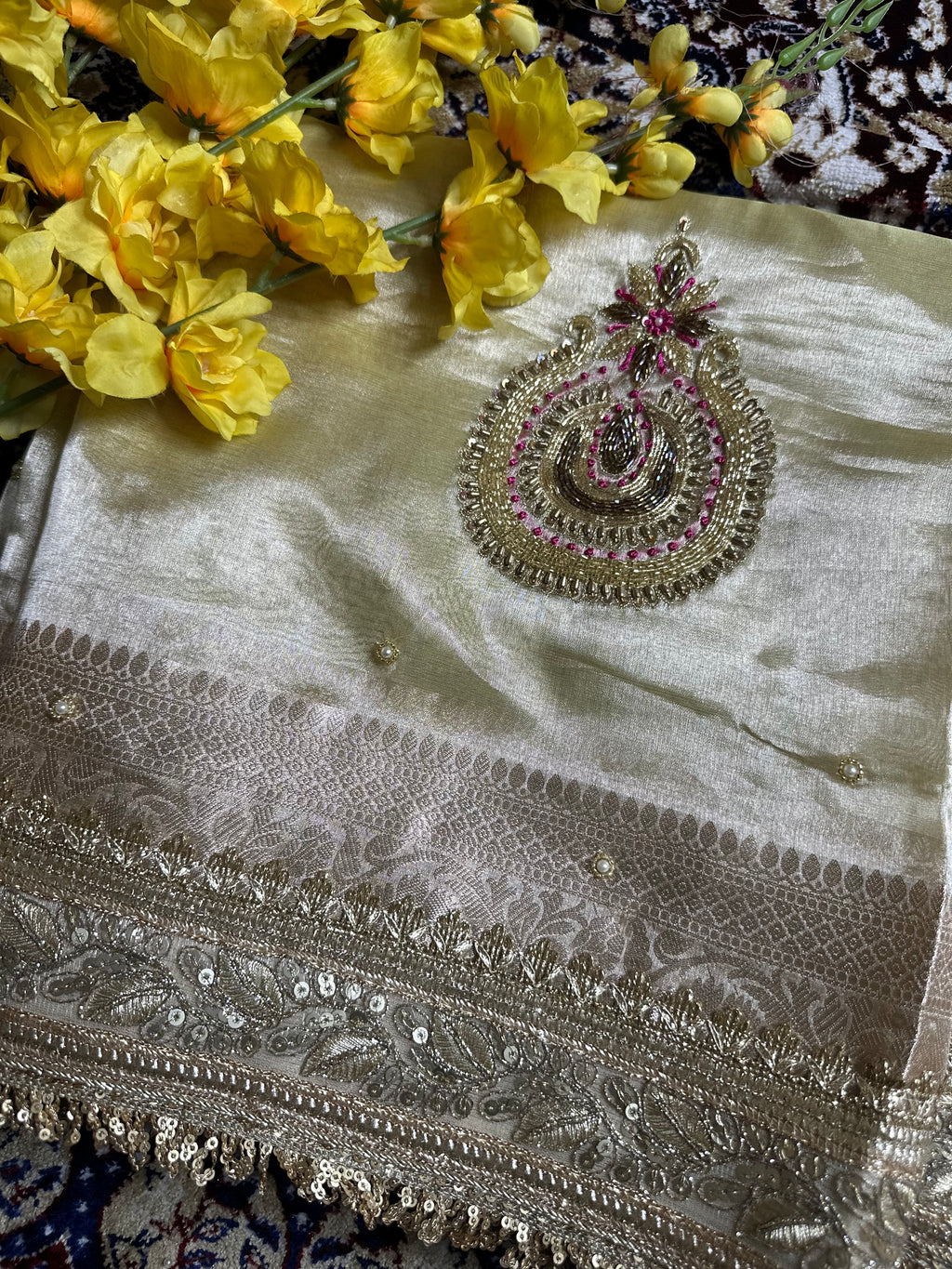 Pure Tissue Silk Saree With Hand Embroidery