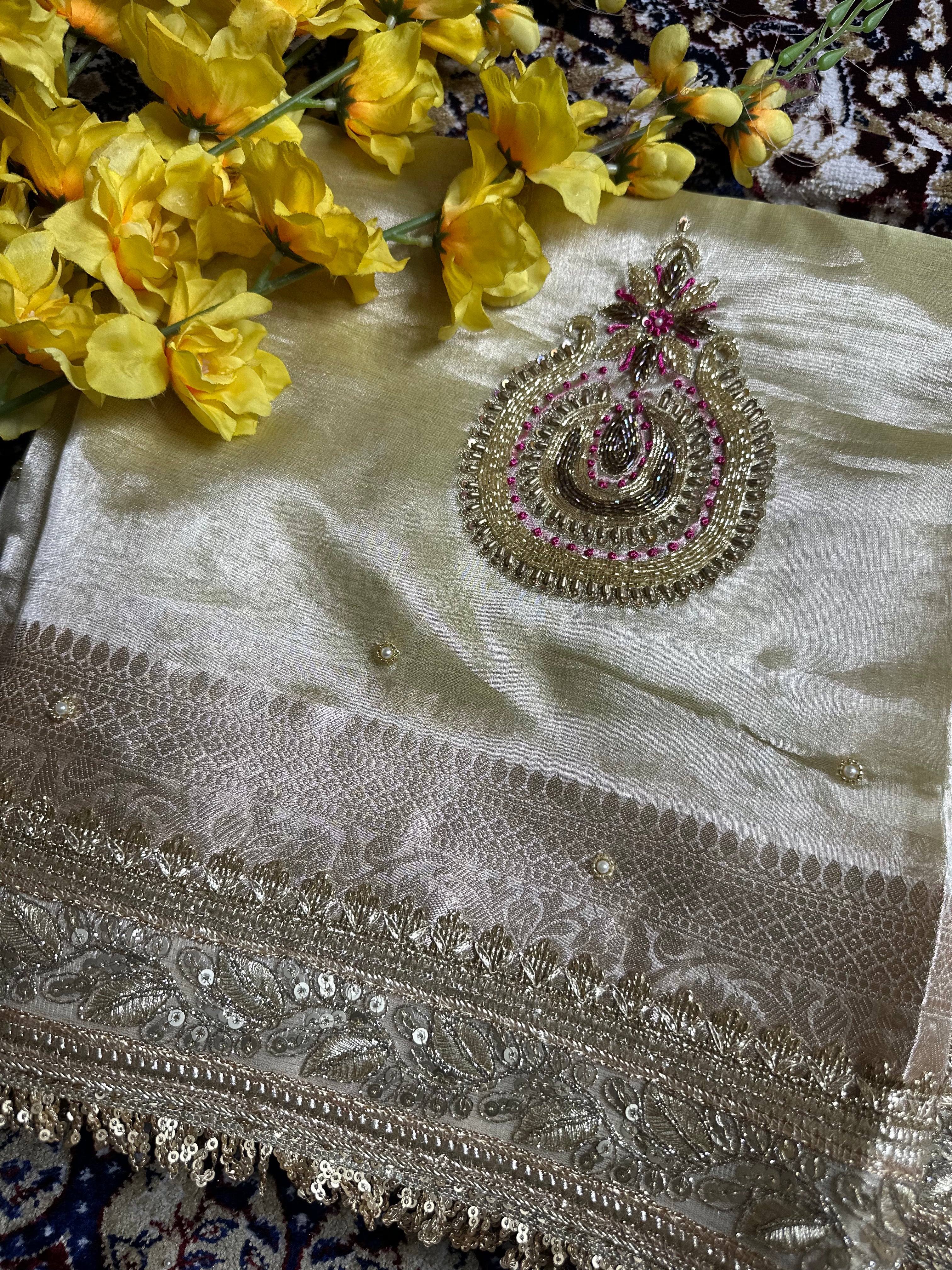 Pure Tissue Silk Saree With Hand Embroidery