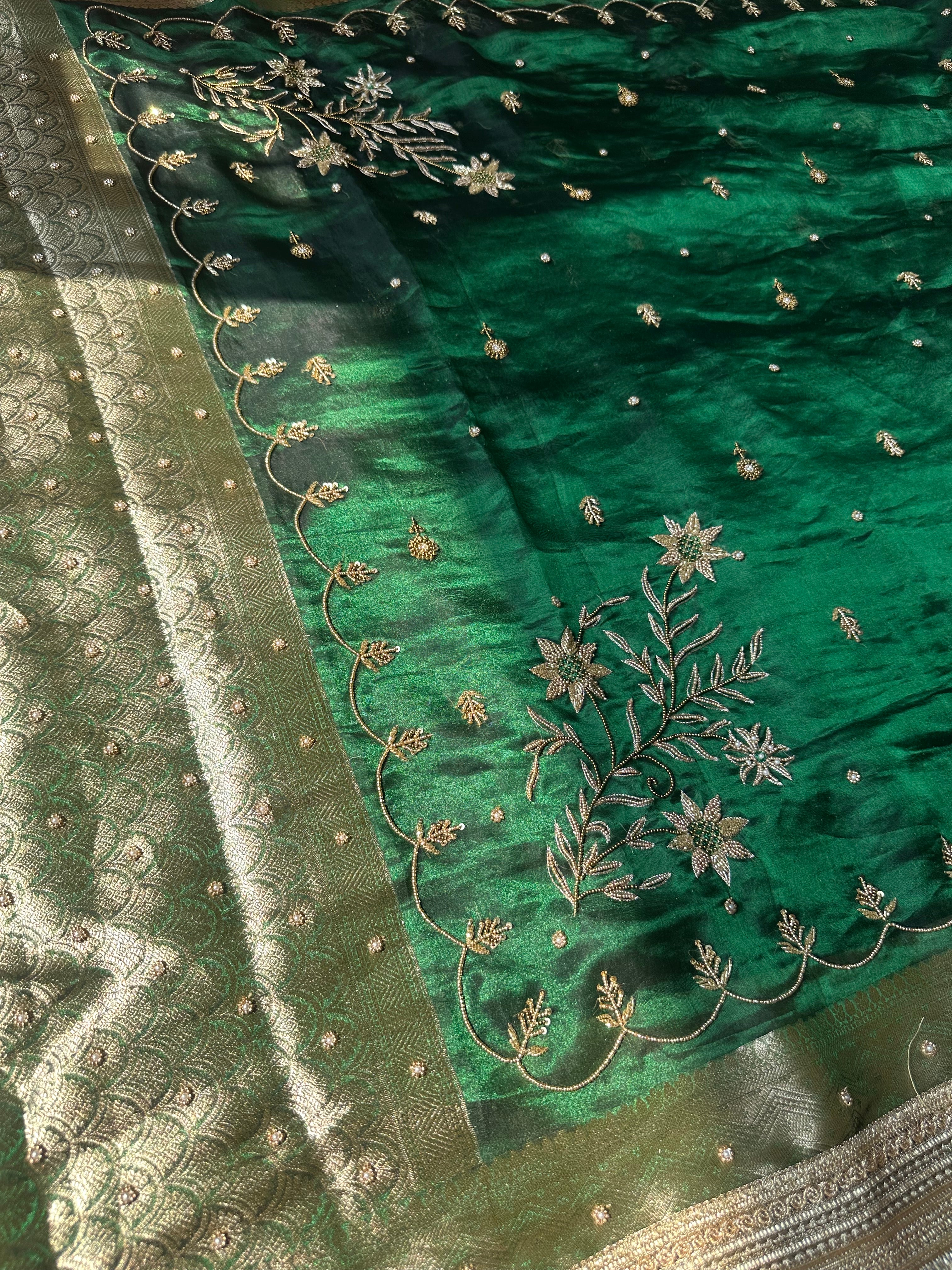 Green Color Waali Saree - Maroon Pure Tissue Silk Saree With Hand Embroidery