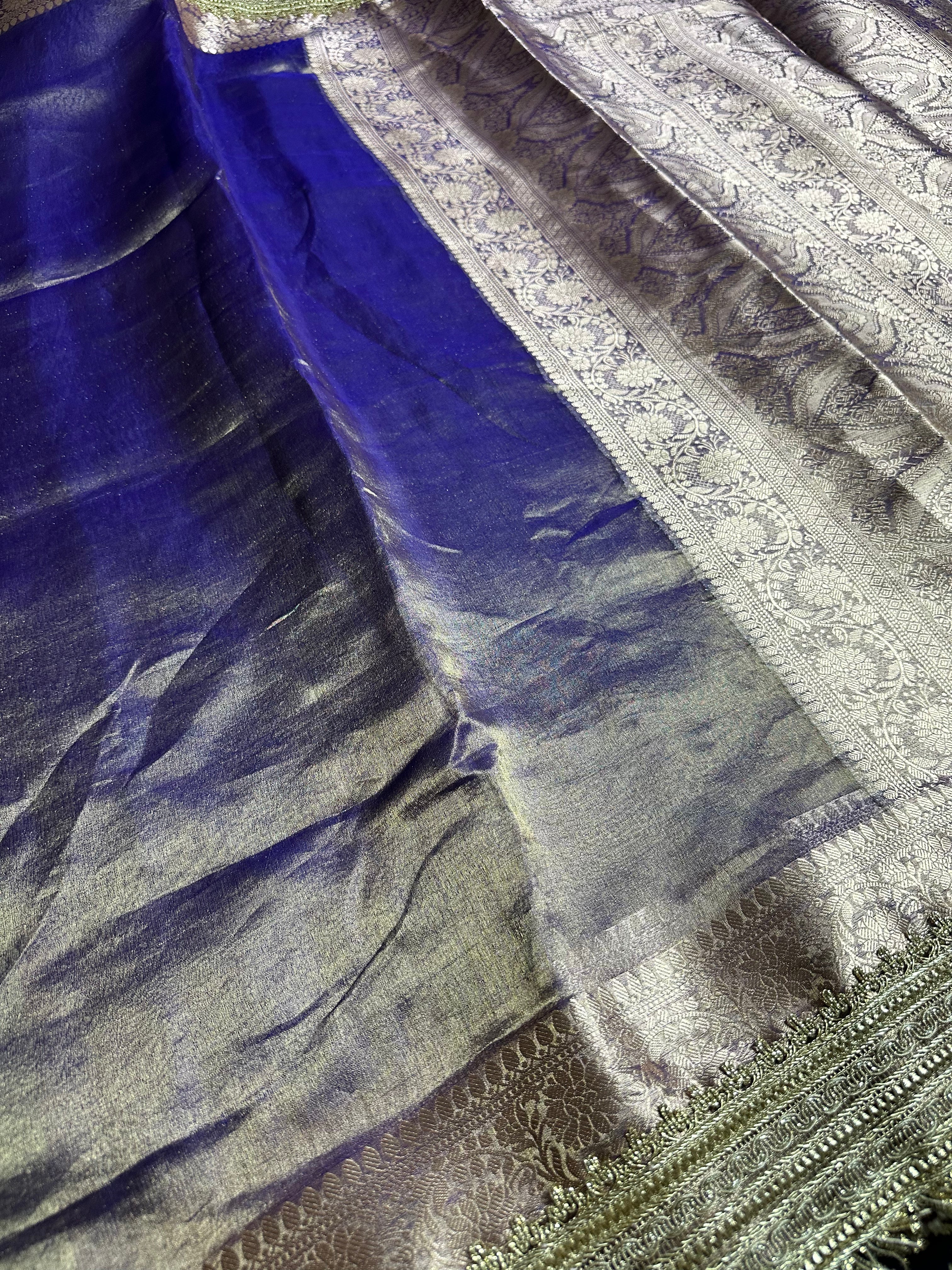 Frost Blue Metallic Sheen Gulbahaar - Pure Tissue Silk Saree With Hand Embroidery