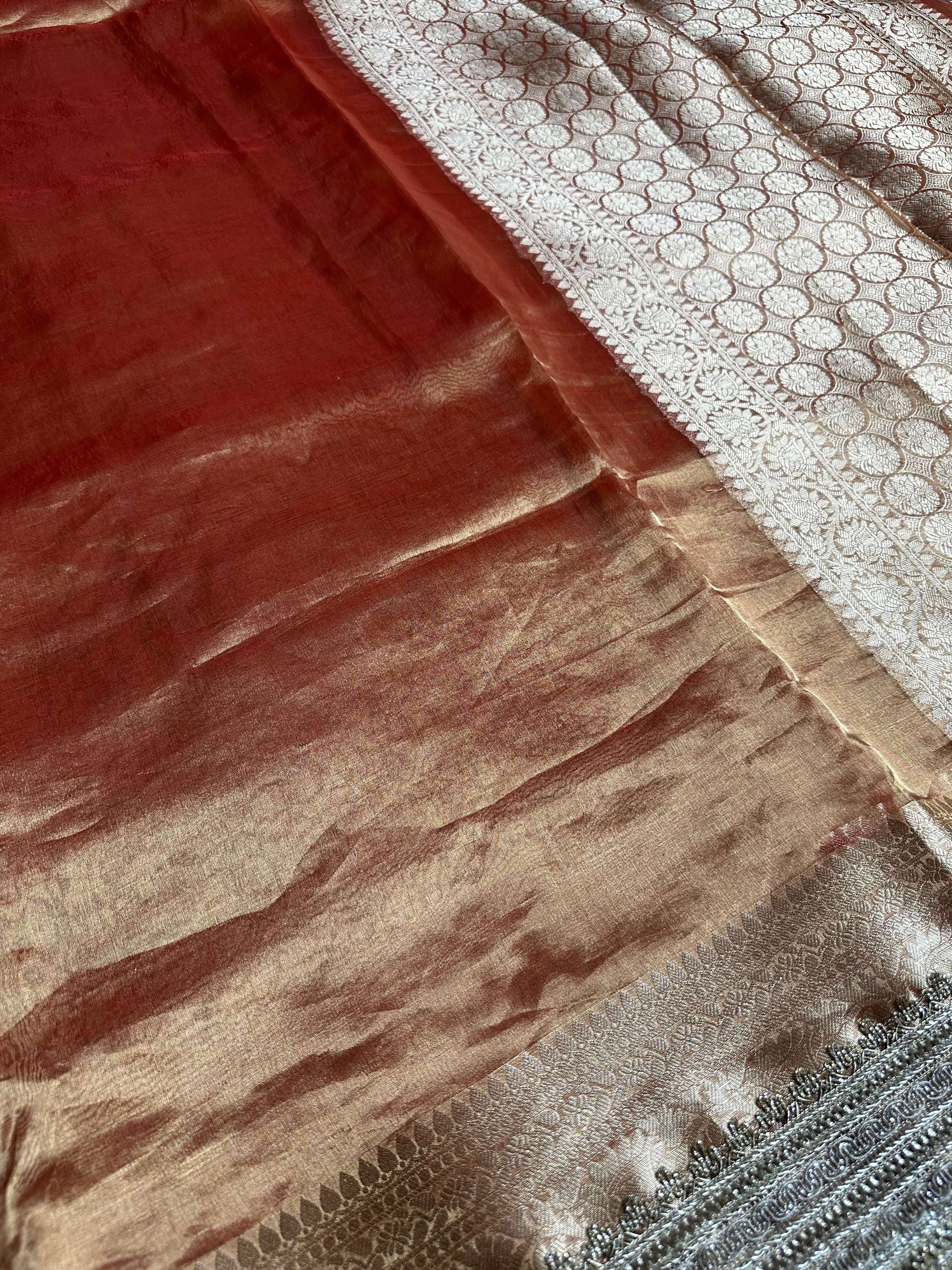 Sunset Orange Sheen Gulbahaar - Pure Tissue Silk Saree With Hand Embroidery