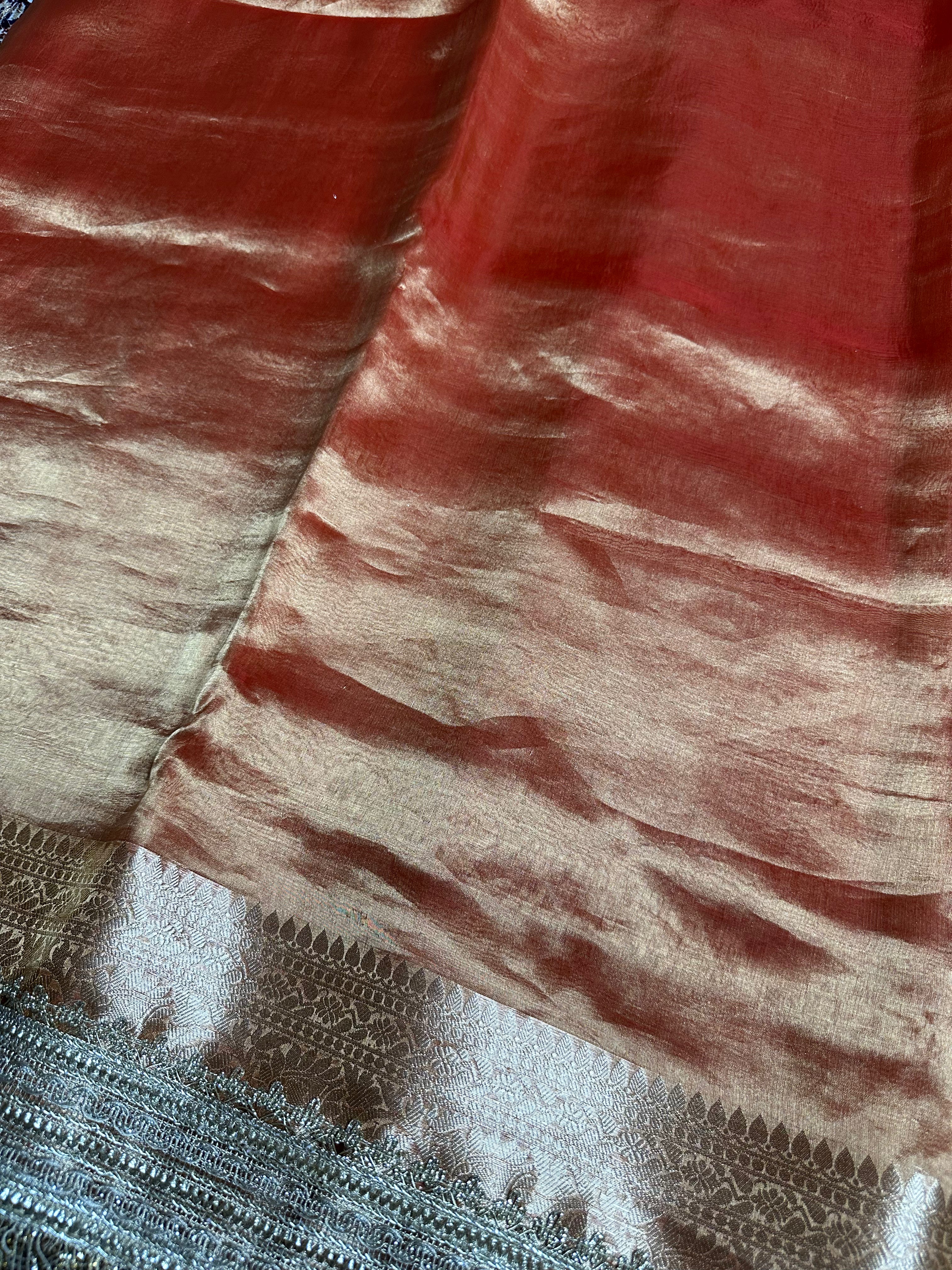 Sunset Orange Sheen Gulbahaar - Pure Tissue Silk Saree With Hand Embroidery