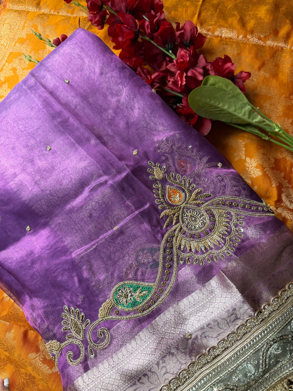 Pure Tissue Silk Saree With Hand Embroidery