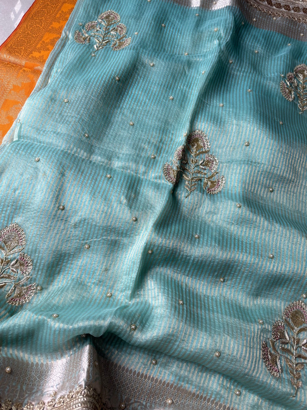 Blue - Pure Tissue Silk Saree With Hand Embroidery