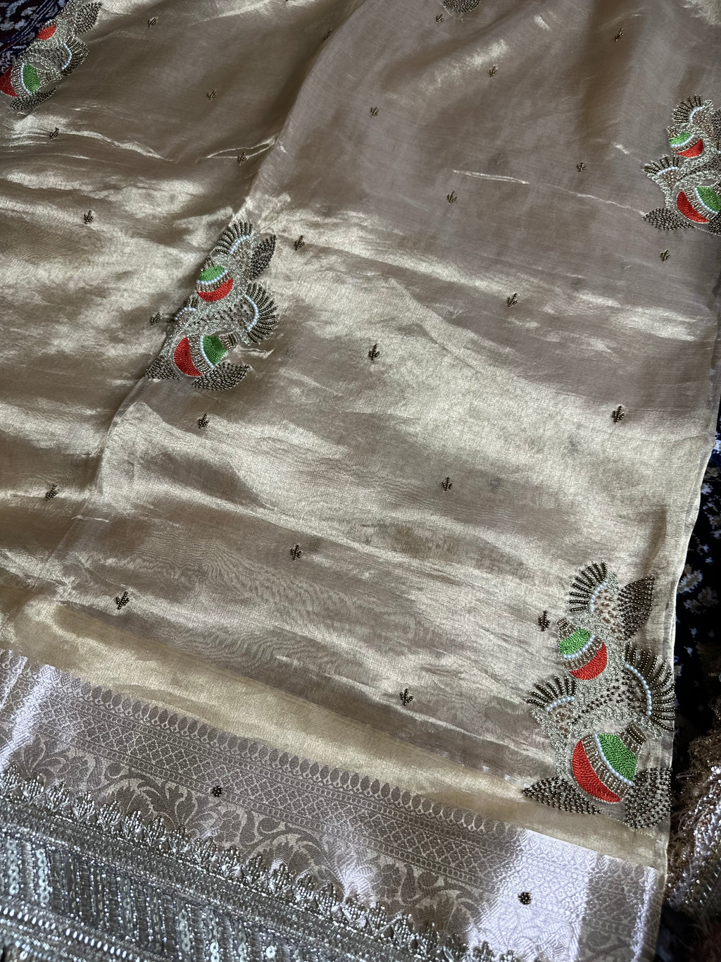 Pure Tissue Silk Saree With Hand Embroidery