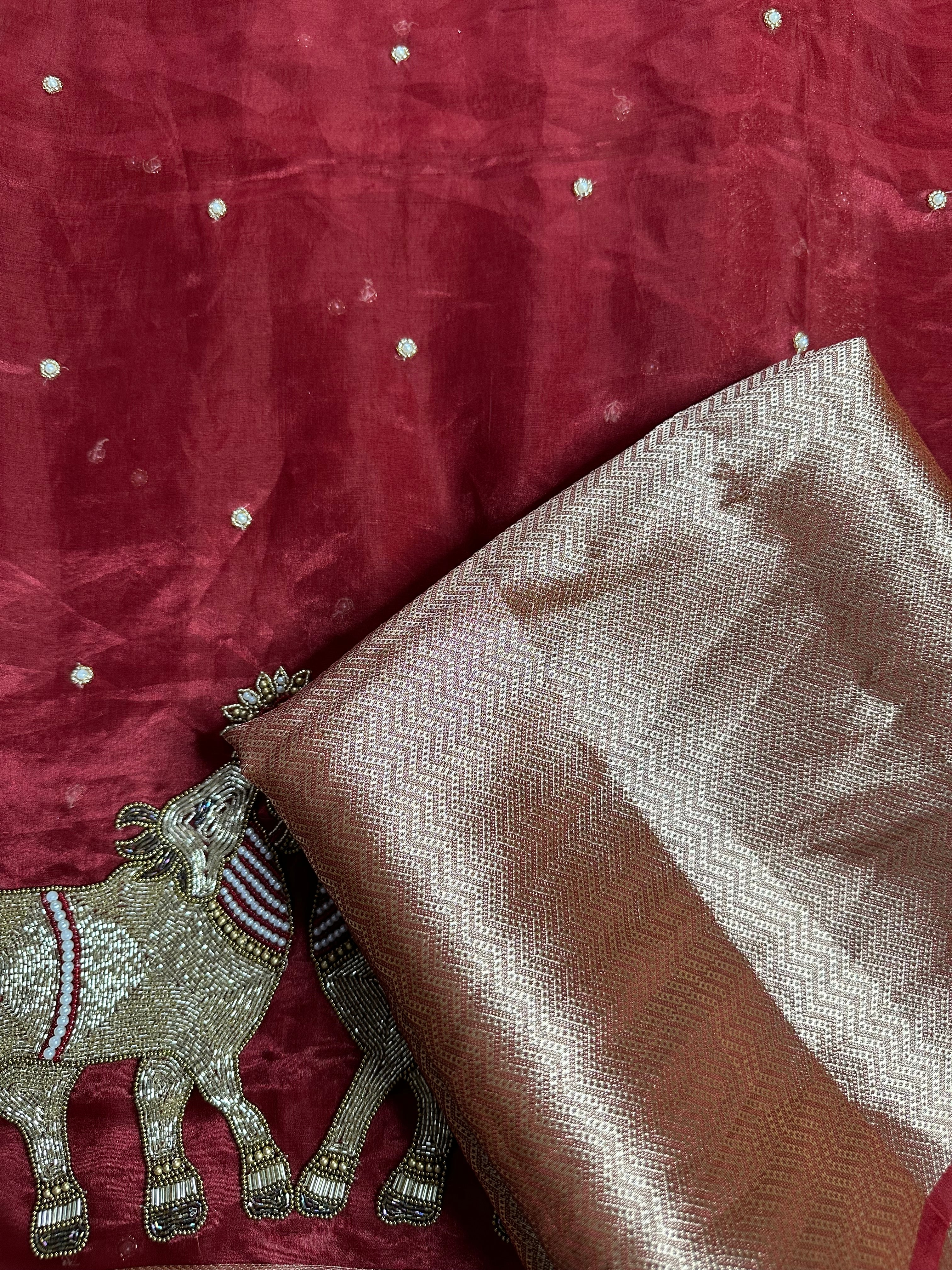 Prem Ki Kahani - Red Pure Tissue Silk Saree With Hand Embroidery