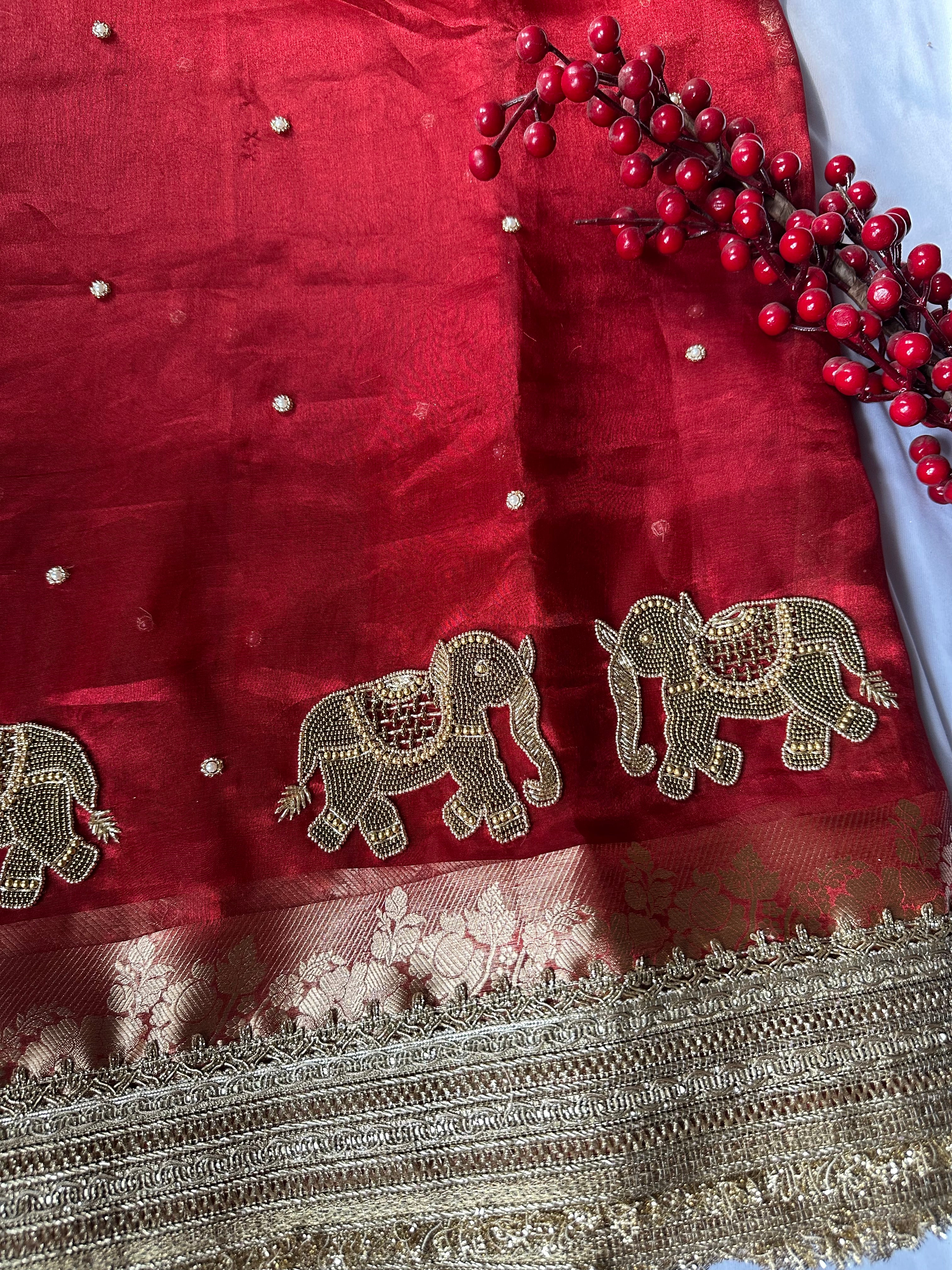 Shaadi Ka Sandook - Red Pure Tissue Silk Saree With Hand Embroidery