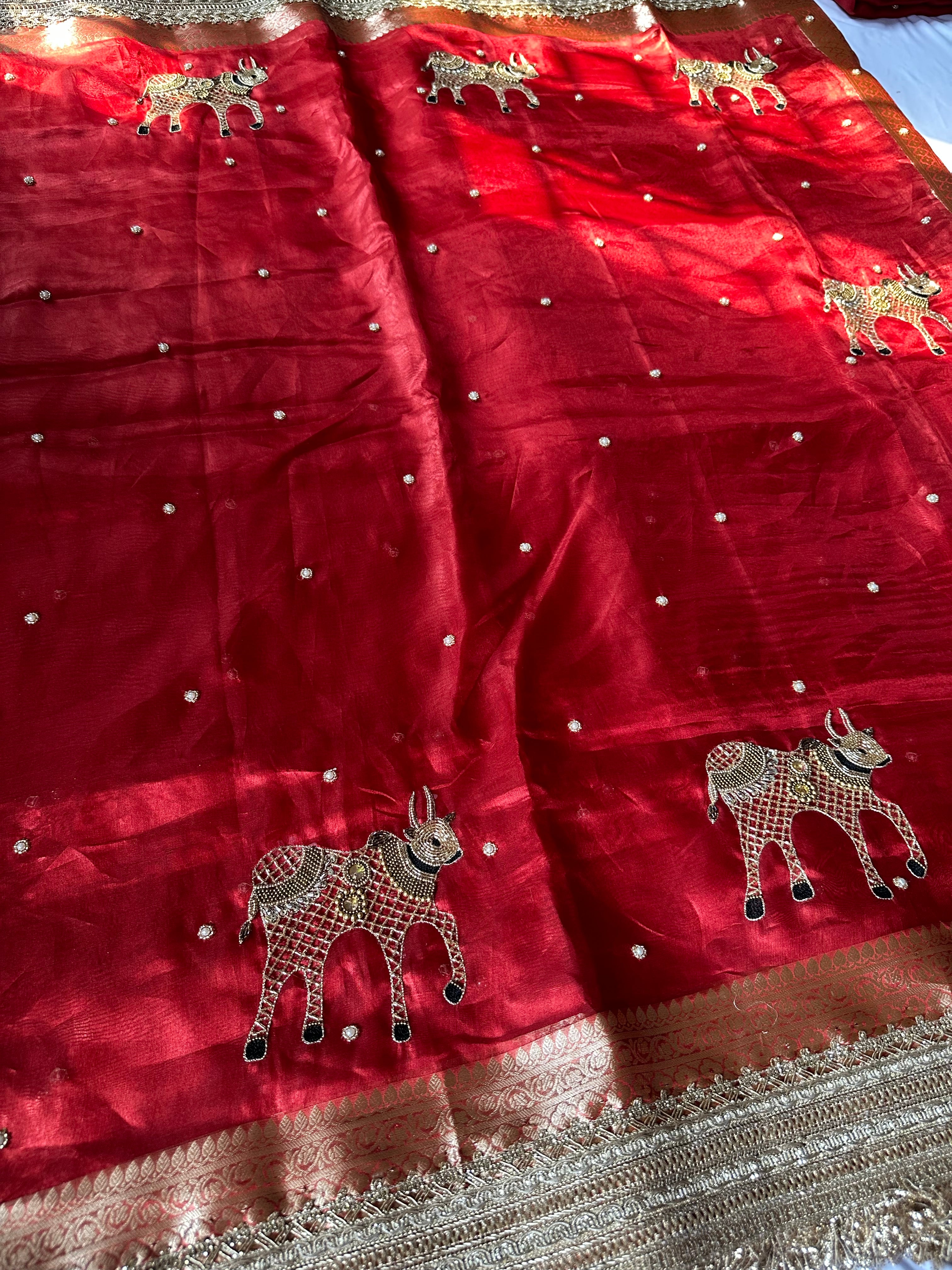 Gokul Ki Mohini - Red Pure Tissue Silk Saree With Hand Embroidery