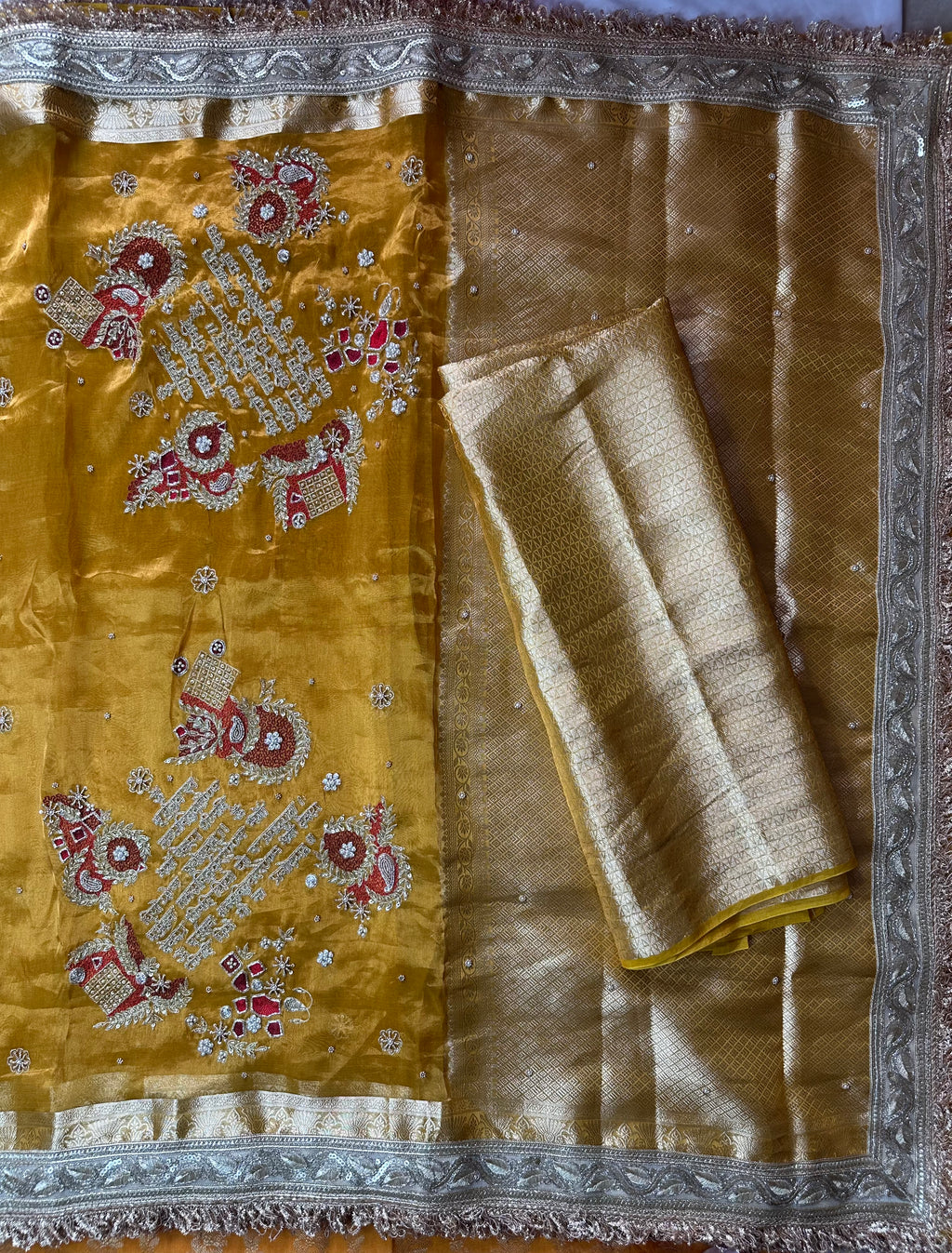 Gayatri Mantra Waali Saree - Pure Tissue Silk Saree With Hand Embroidery