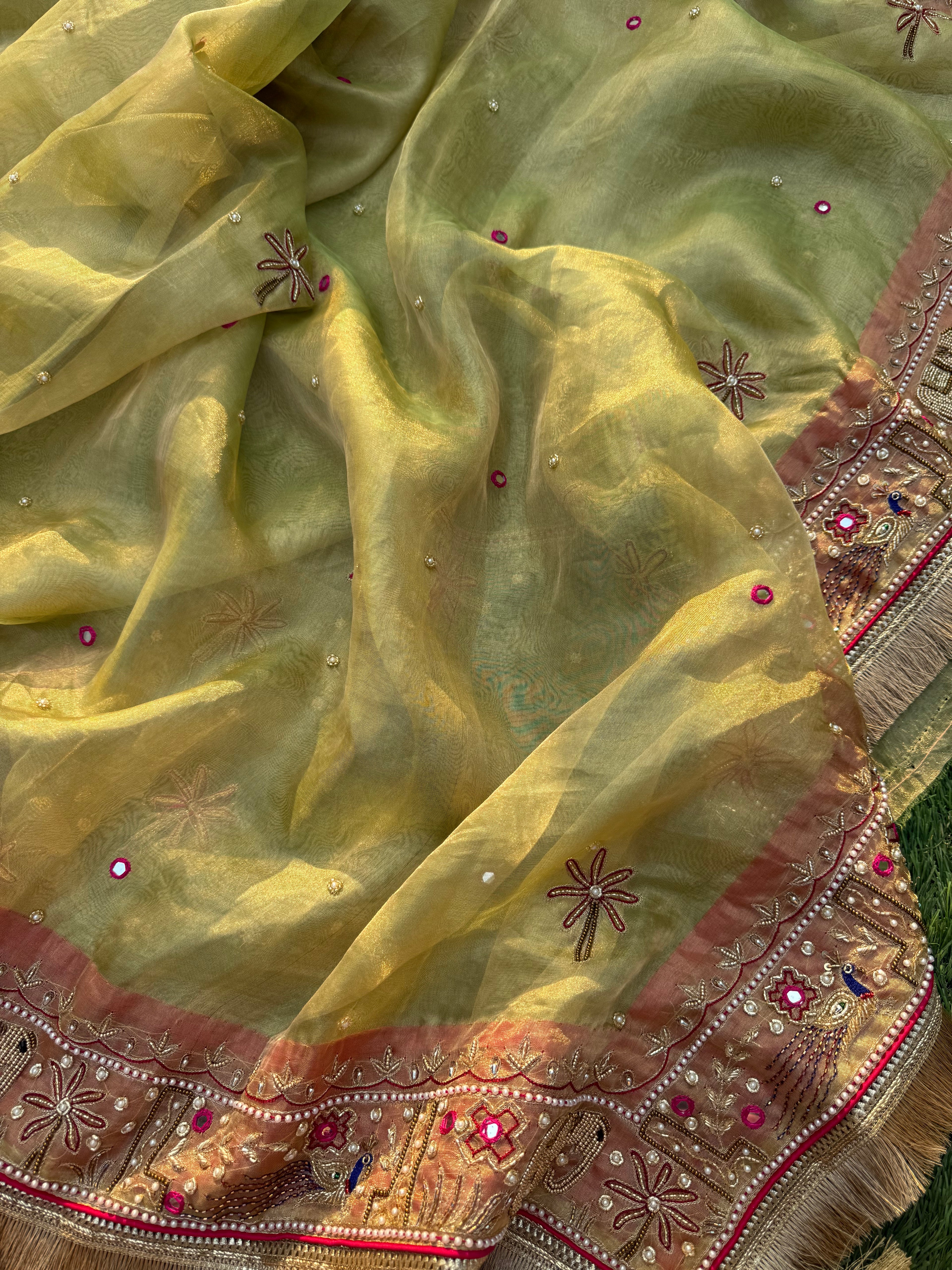 Pista Pari - Pure Tissue Silk Saree With Hand Embroidery