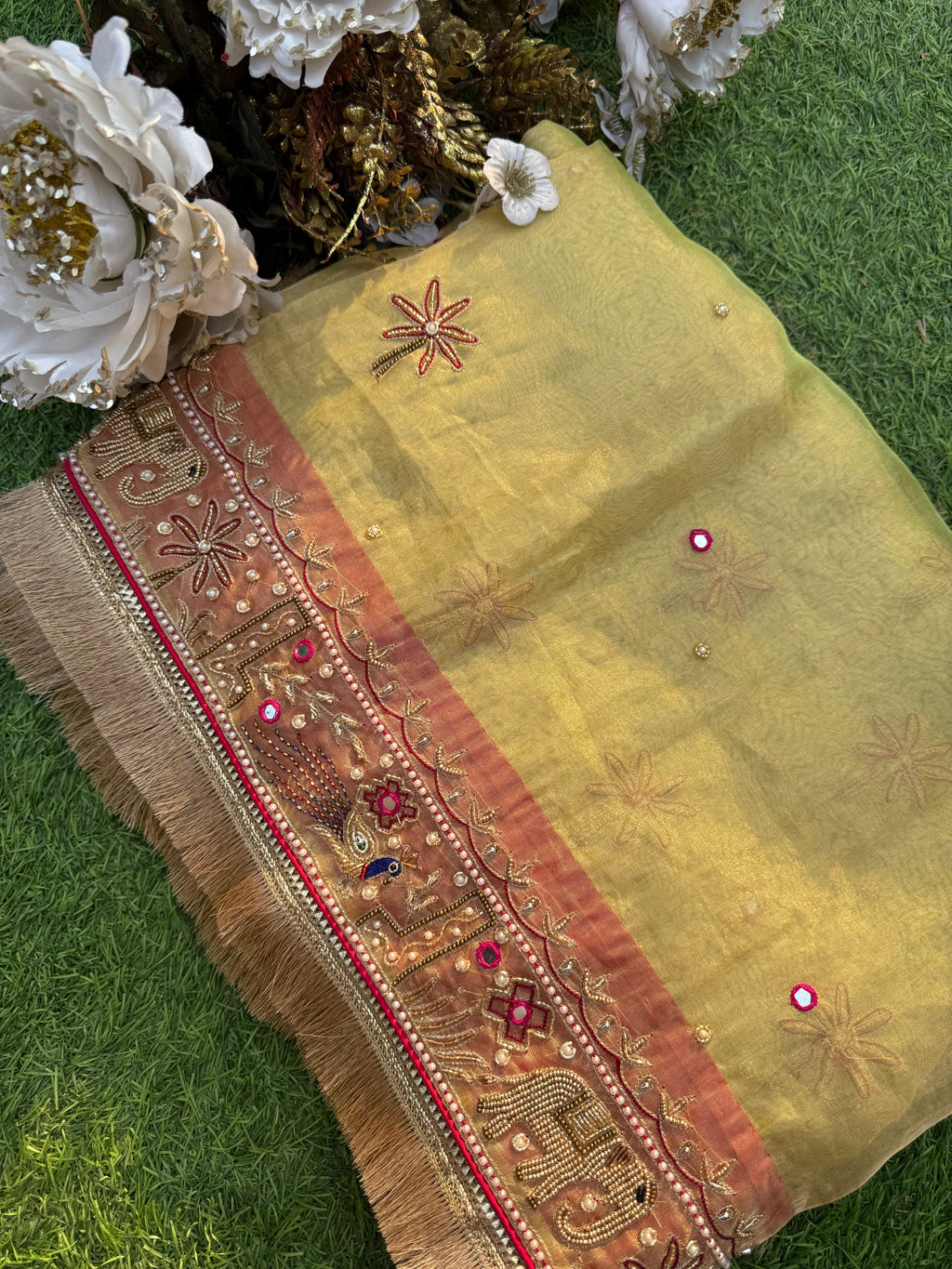 Pista Pari - Pure Tissue Silk Saree With Hand Embroidery
