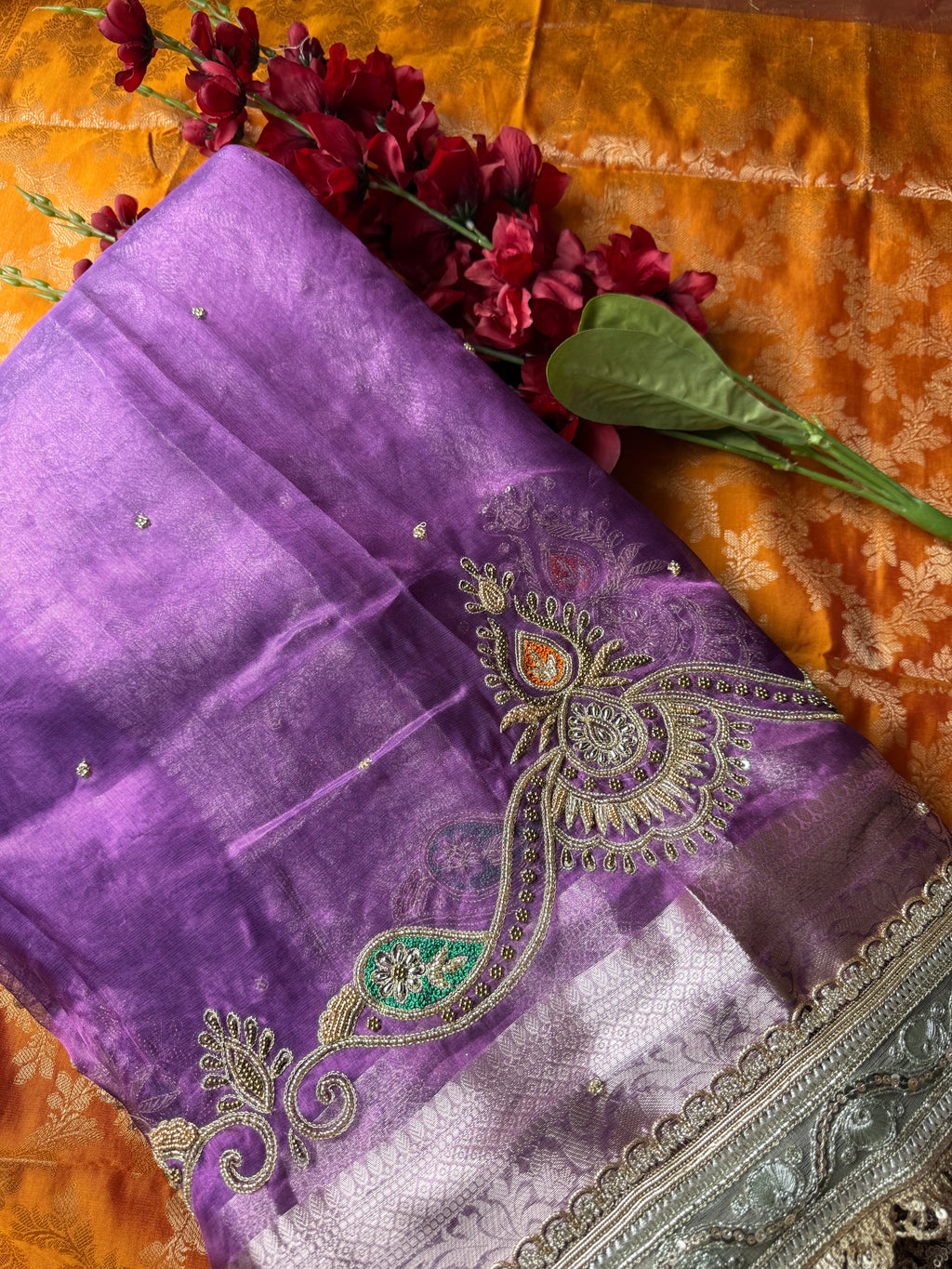 Pure Tissue Silk Saree With Hand Embroidery