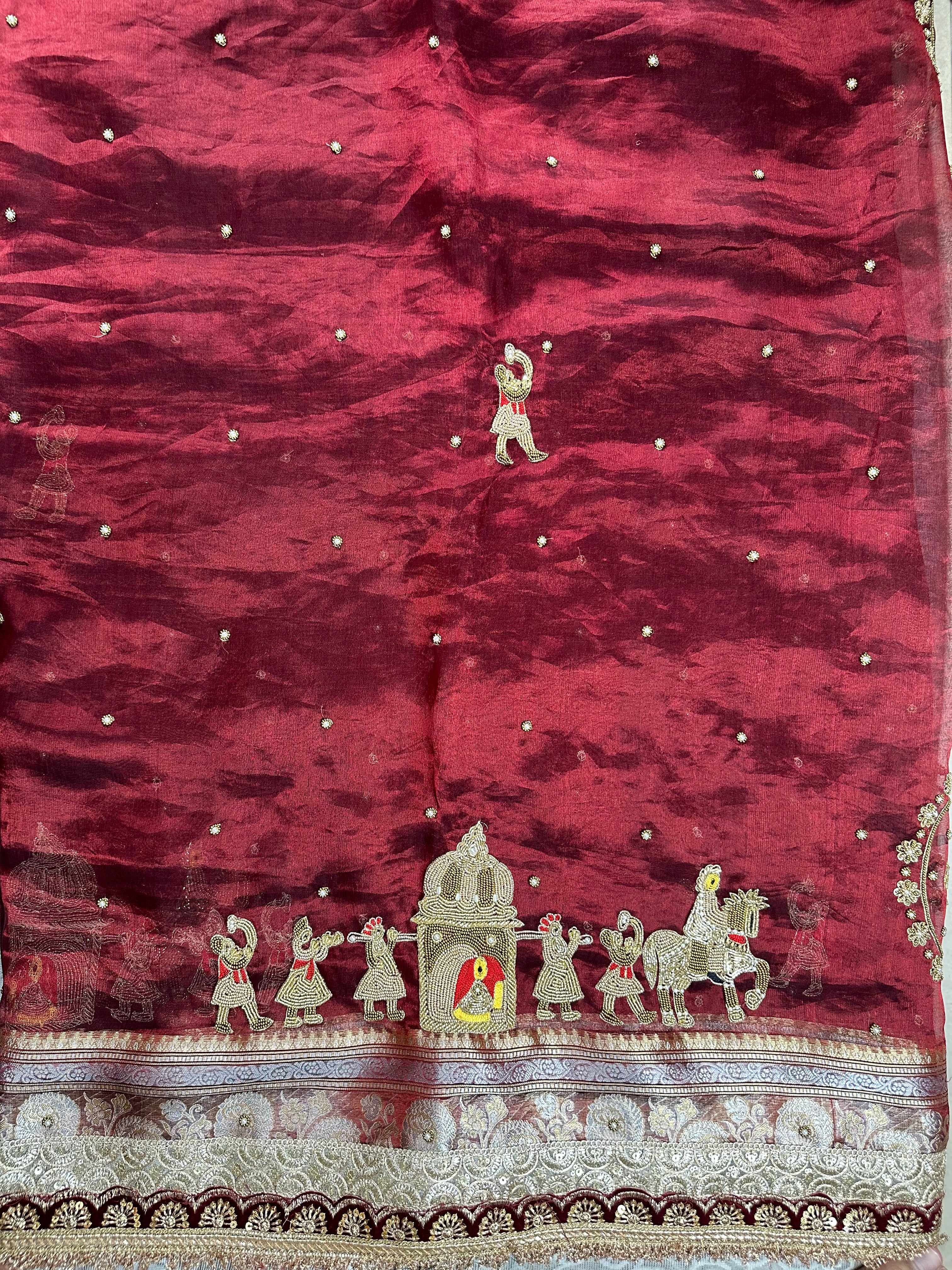 Dulhan Waali Saree - Maroon Pure Tissue Silk Saree With Hand Embroidery