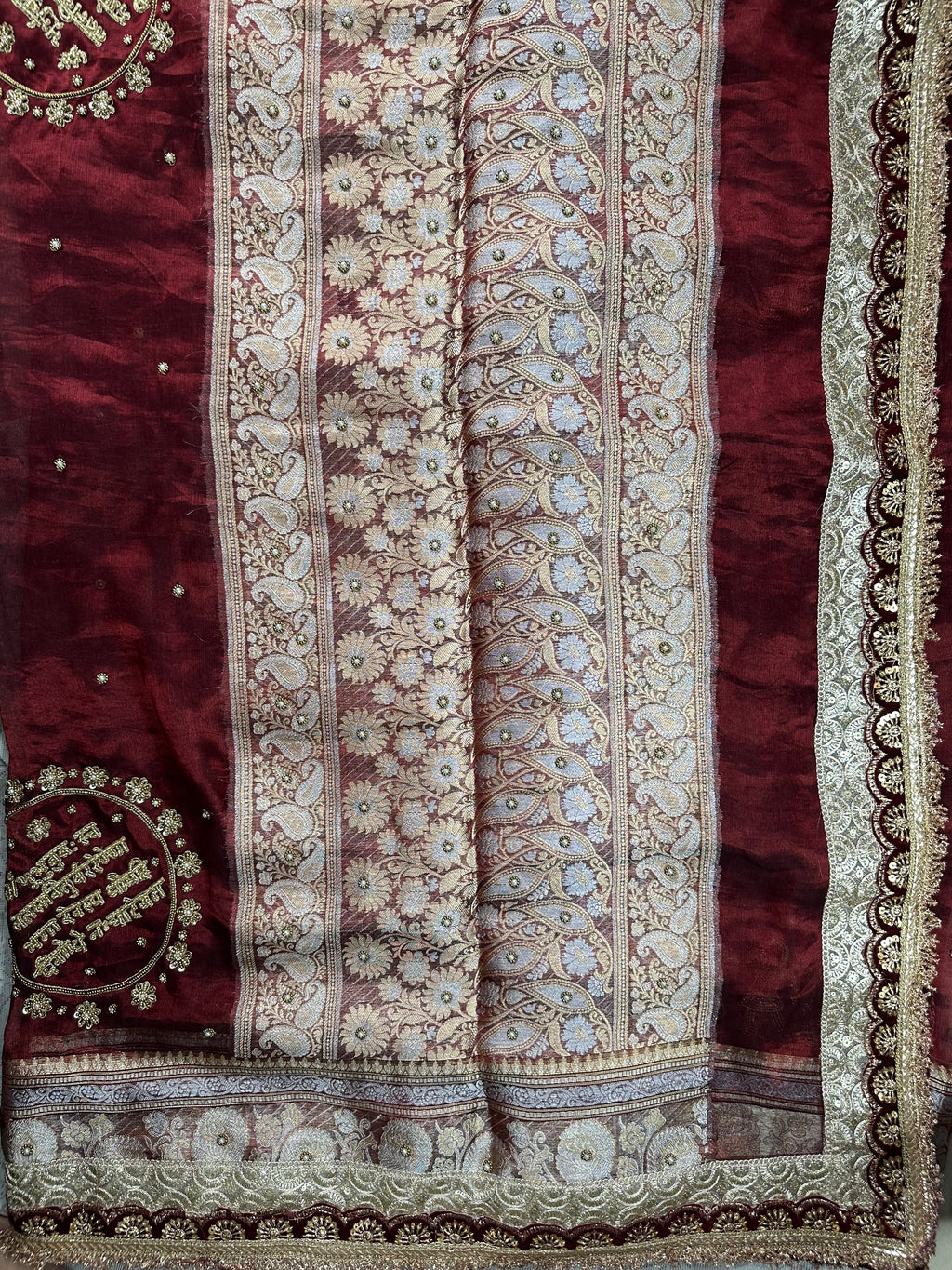 Dulhan Waali Saree - Maroon Pure Tissue Silk Saree With Hand Embroidery