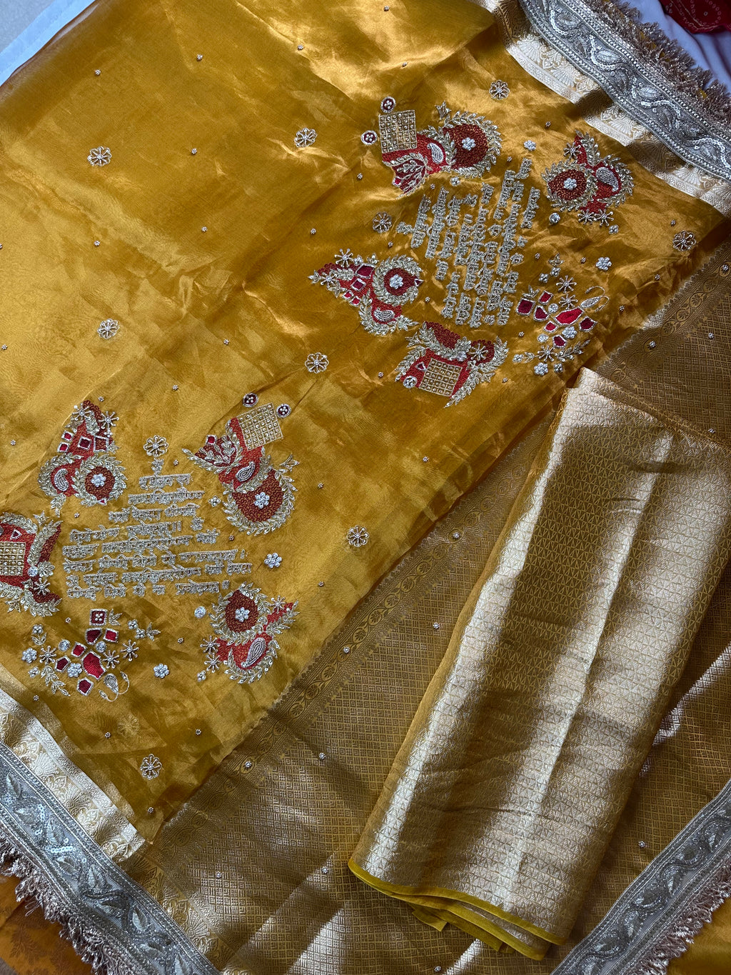 Gayatri Mantra Waali Saree - Pure Tissue Silk Saree With Hand Embroidery