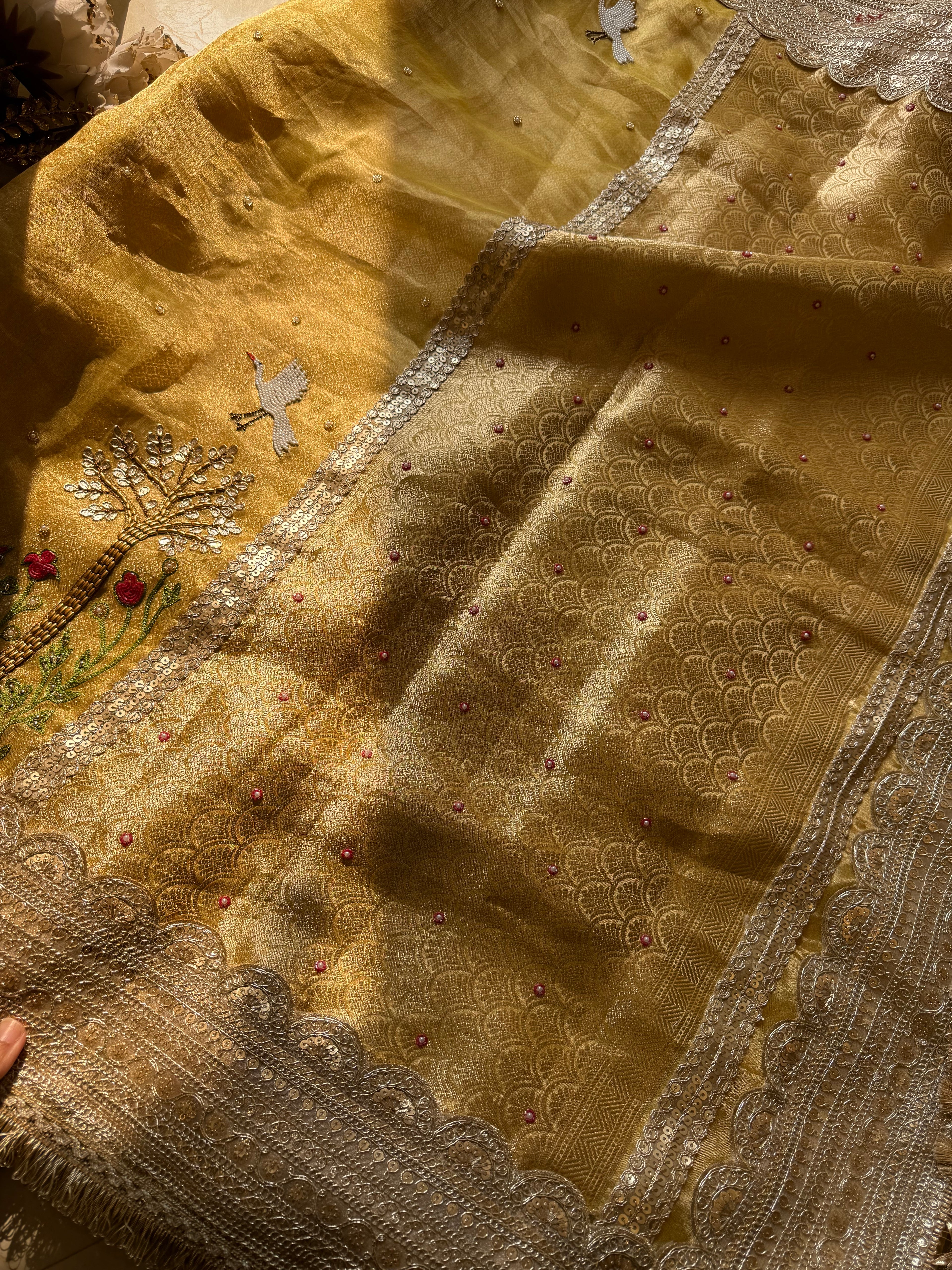 Peeli Saree Ki Kahani - Pure Tissue Silk Saree With Hand Embroidery