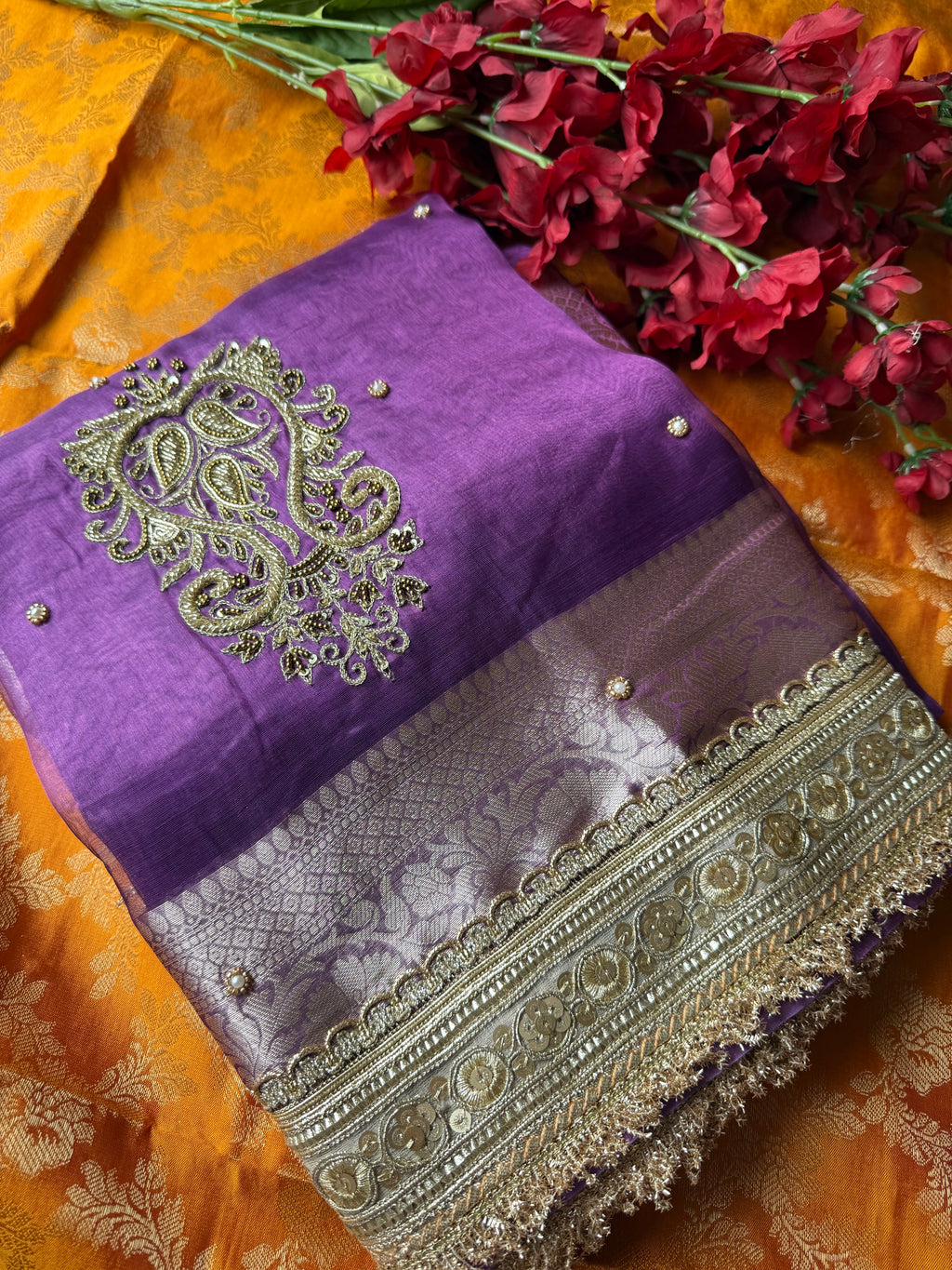 Pure Tissue Silk Saree With Hand Embroidery