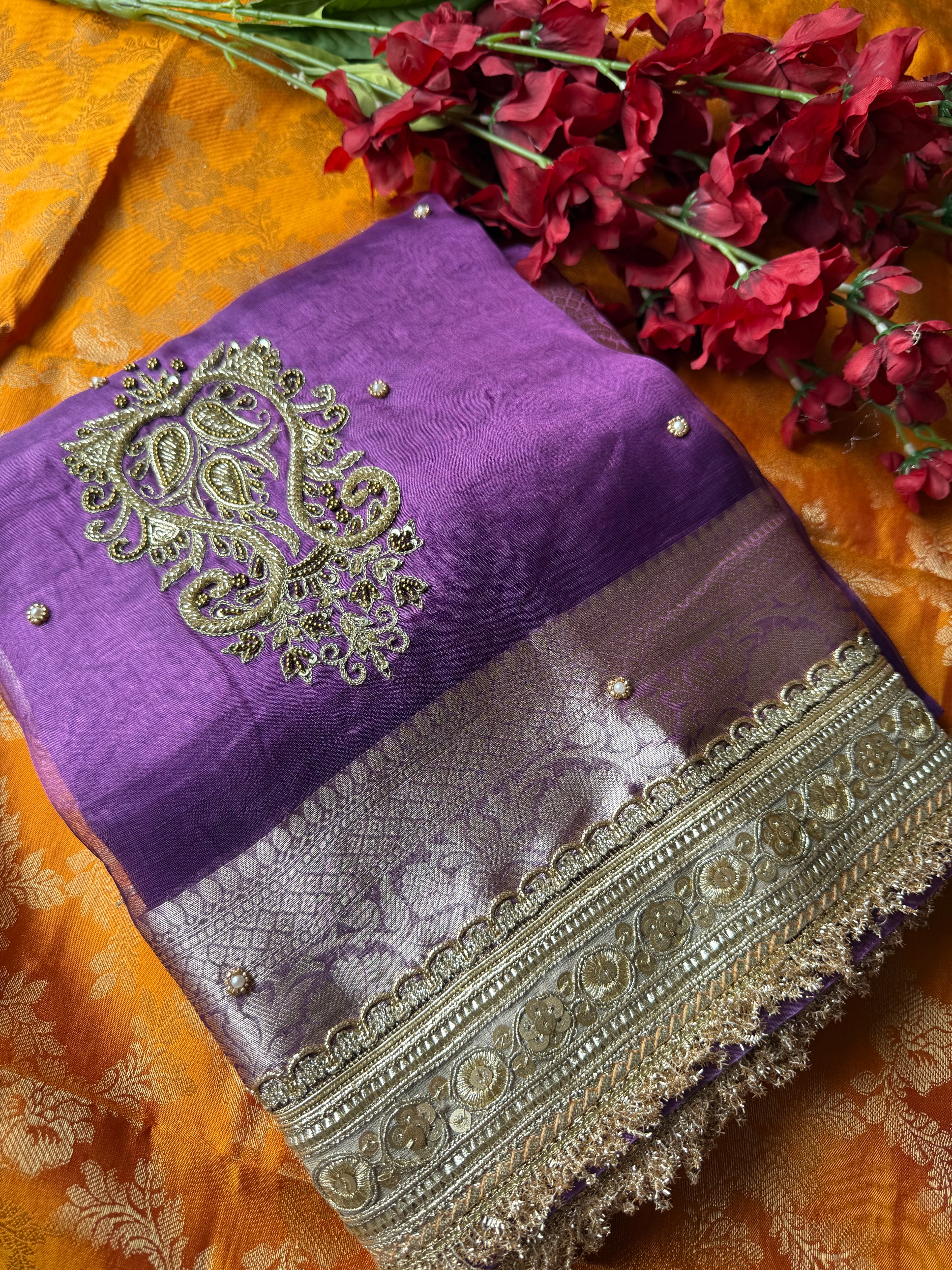 Pure Tissue Silk Saree With Hand Embroidery