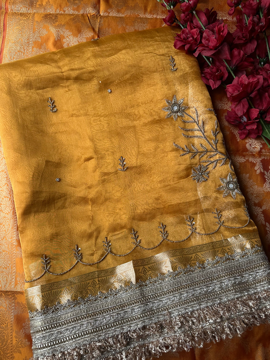 Yellow - Pure Tissue Silk Saree With Hand Embroidery