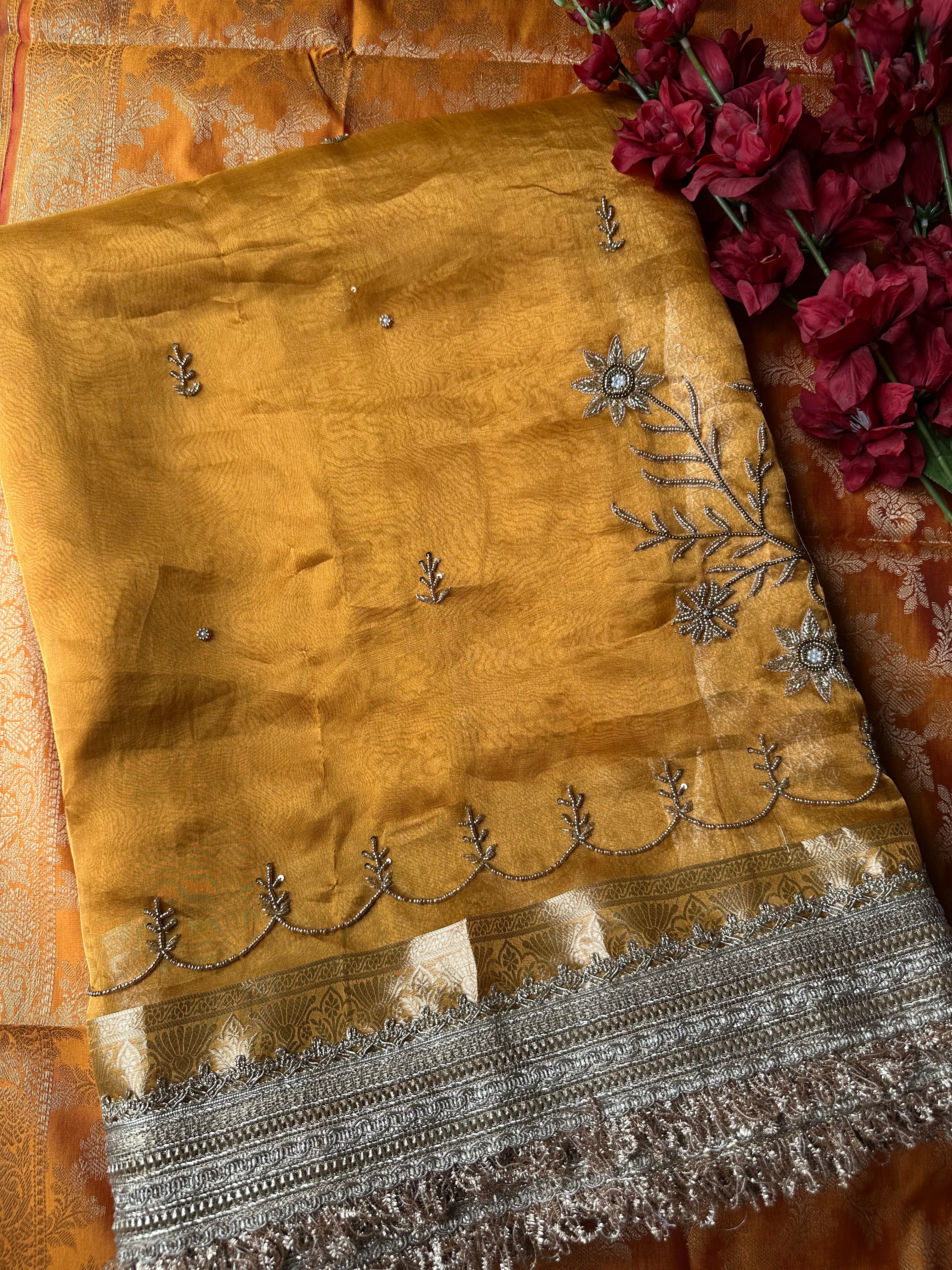 Yellow - Pure Tissue Silk Saree With Hand Embroidery