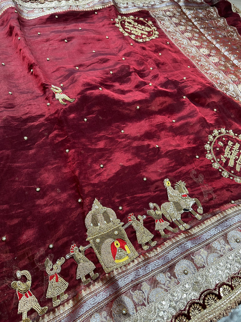 Dulhan Waali Saree - Maroon Pure Tissue Silk Saree With Hand Embroidery