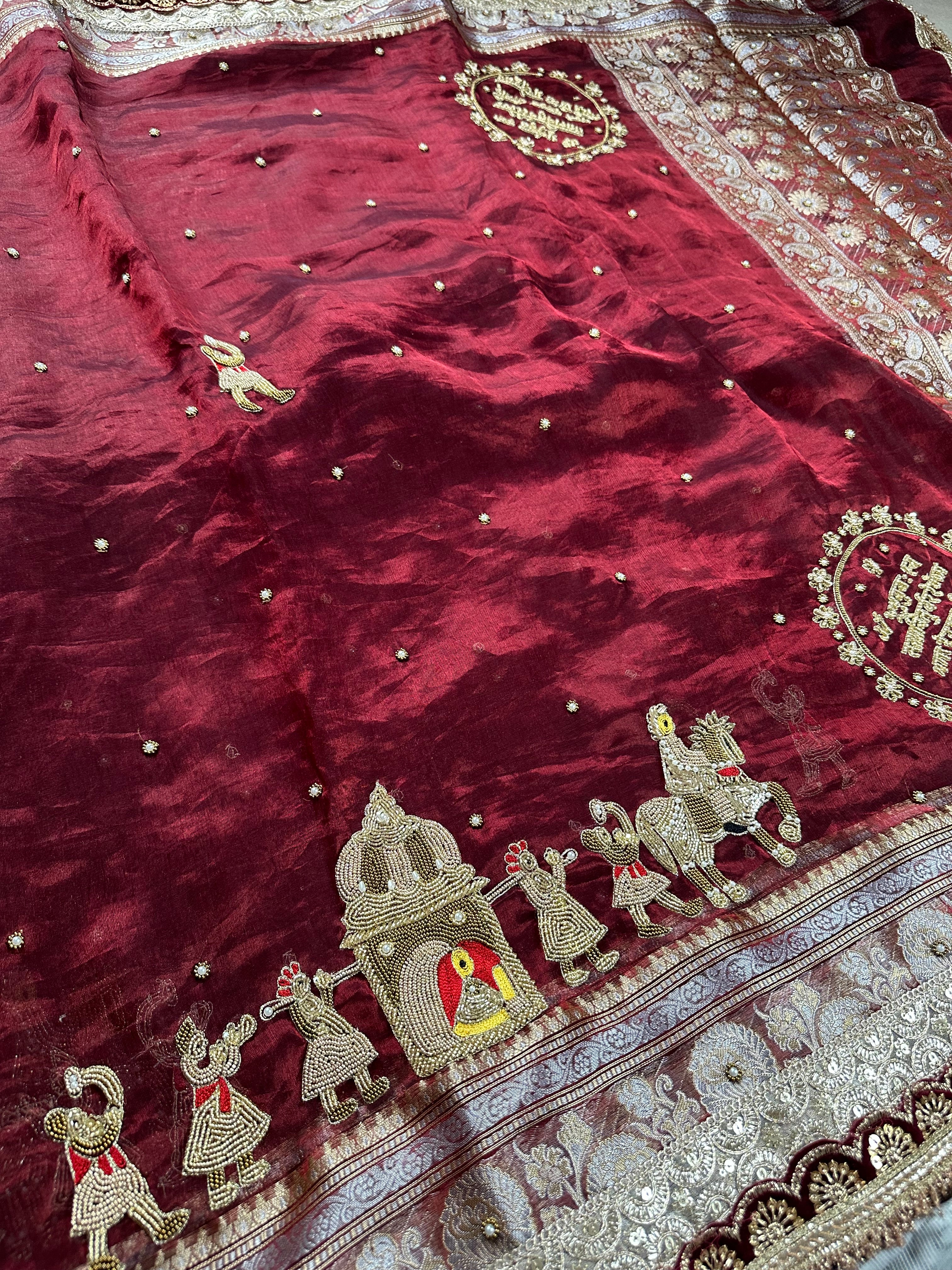 Dulhan Waali Saree - Maroon Pure Tissue Silk Saree With Hand Embroidery