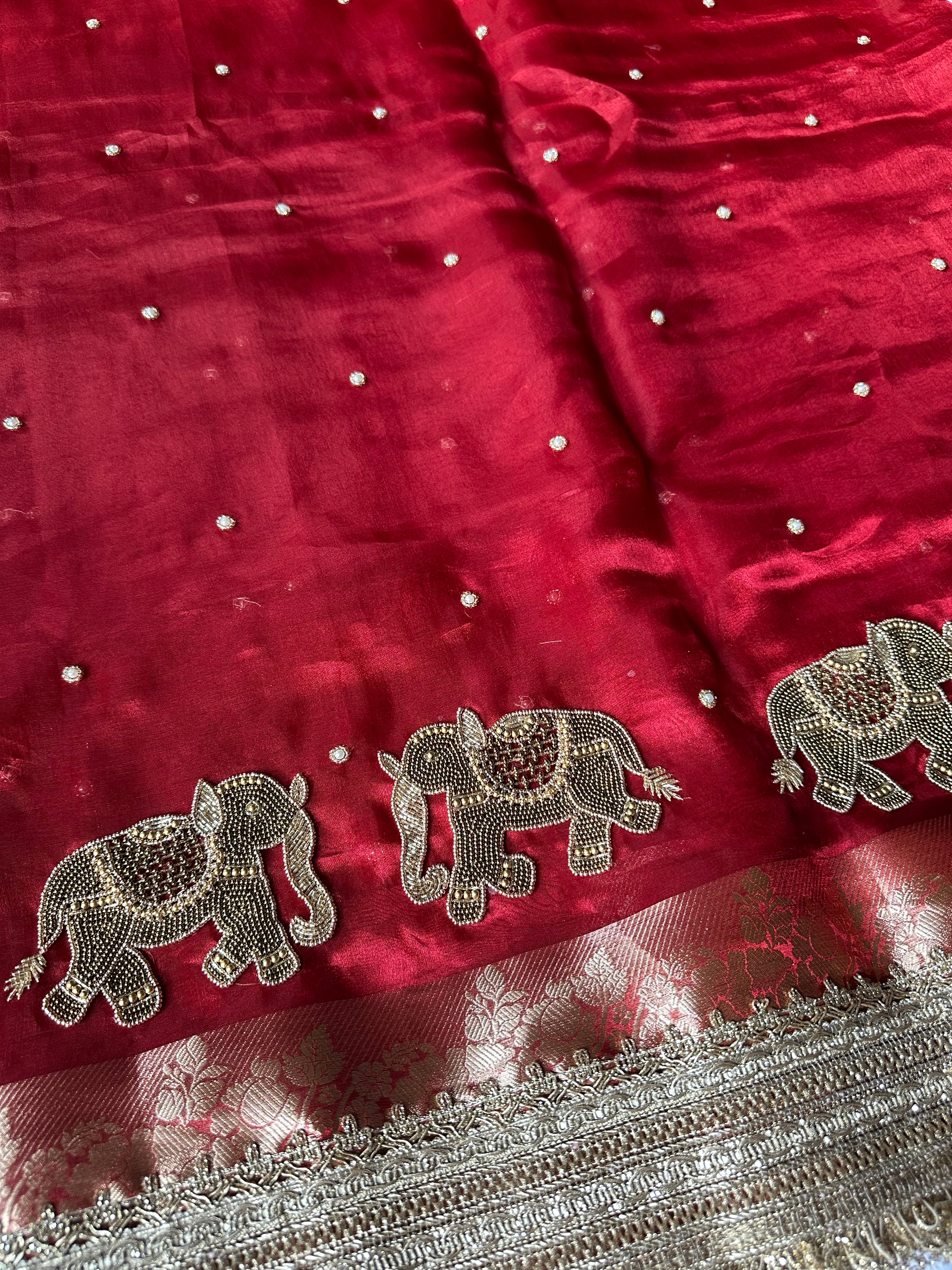 Shaadi Ka Sandook - Red Pure Tissue Silk Saree With Hand Embroidery