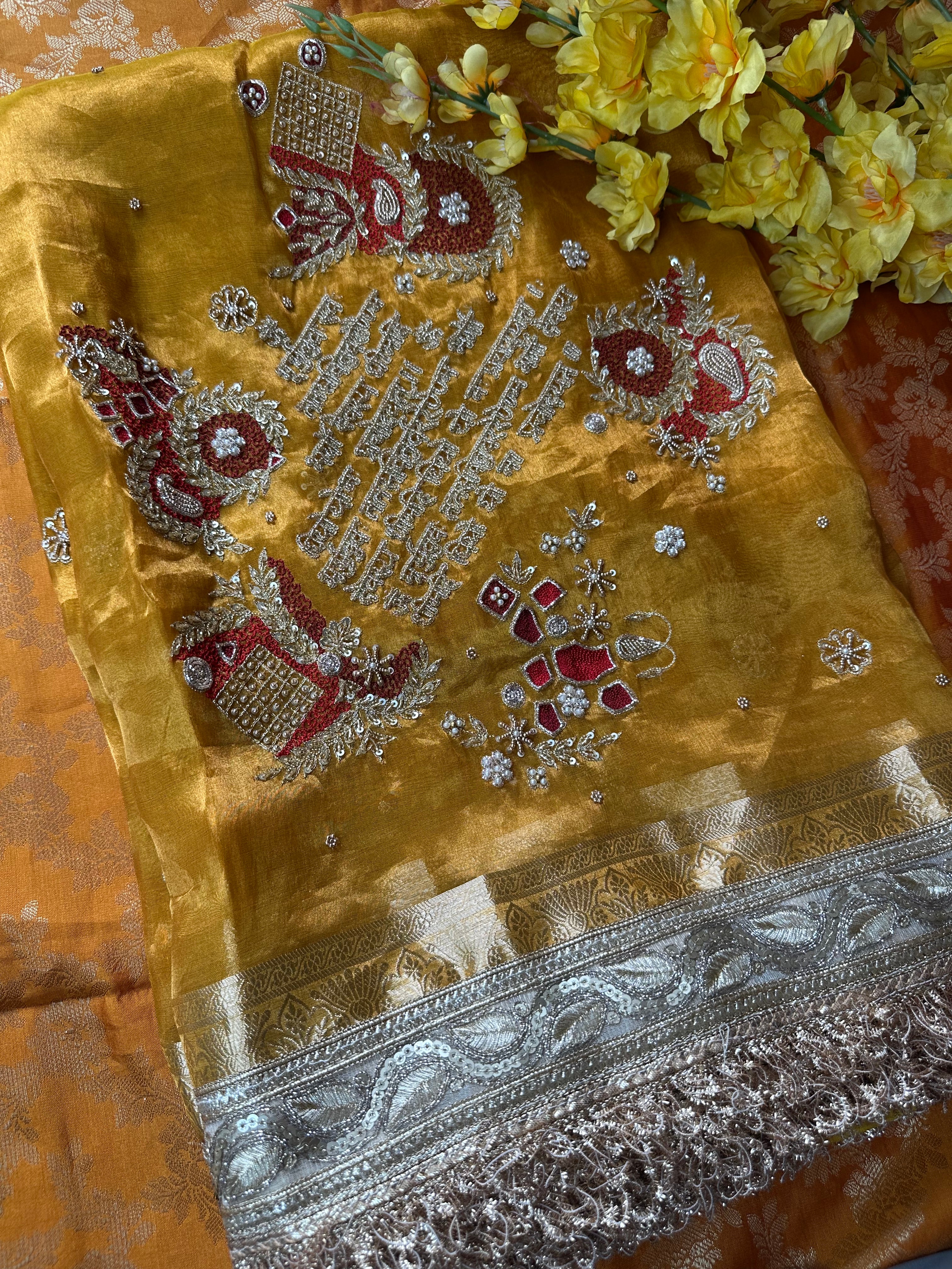 Gayatri Mantra Waali Saree - Pure Tissue Silk Saree With Hand Embroidery