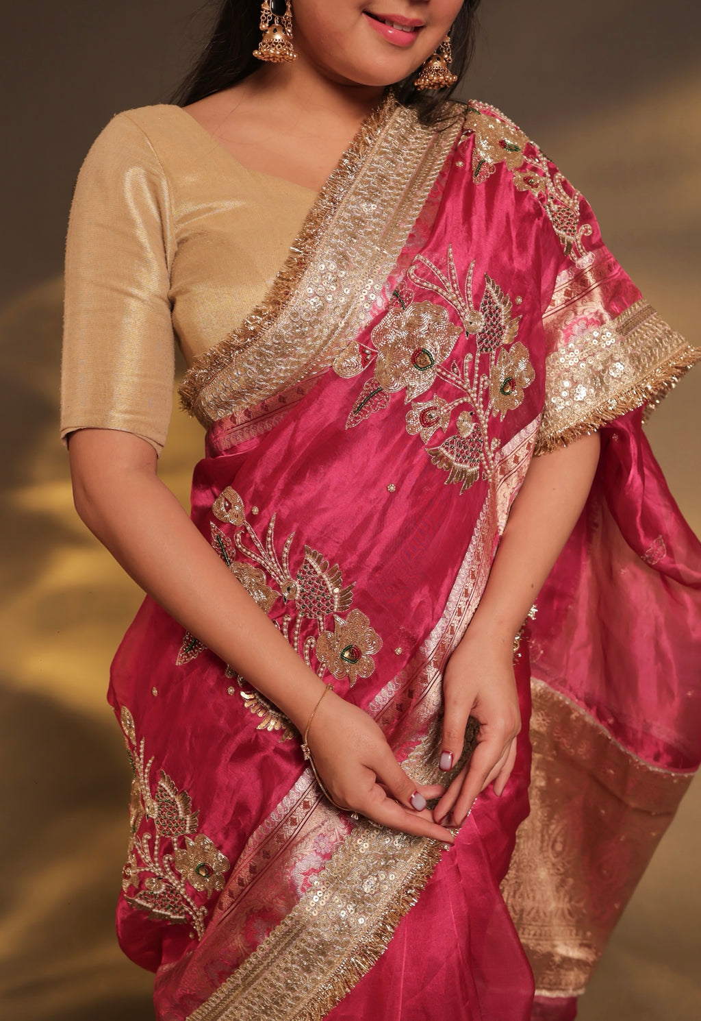Gulabi Ishq - Pure Tissue Silk Saree With Hand Embroidery