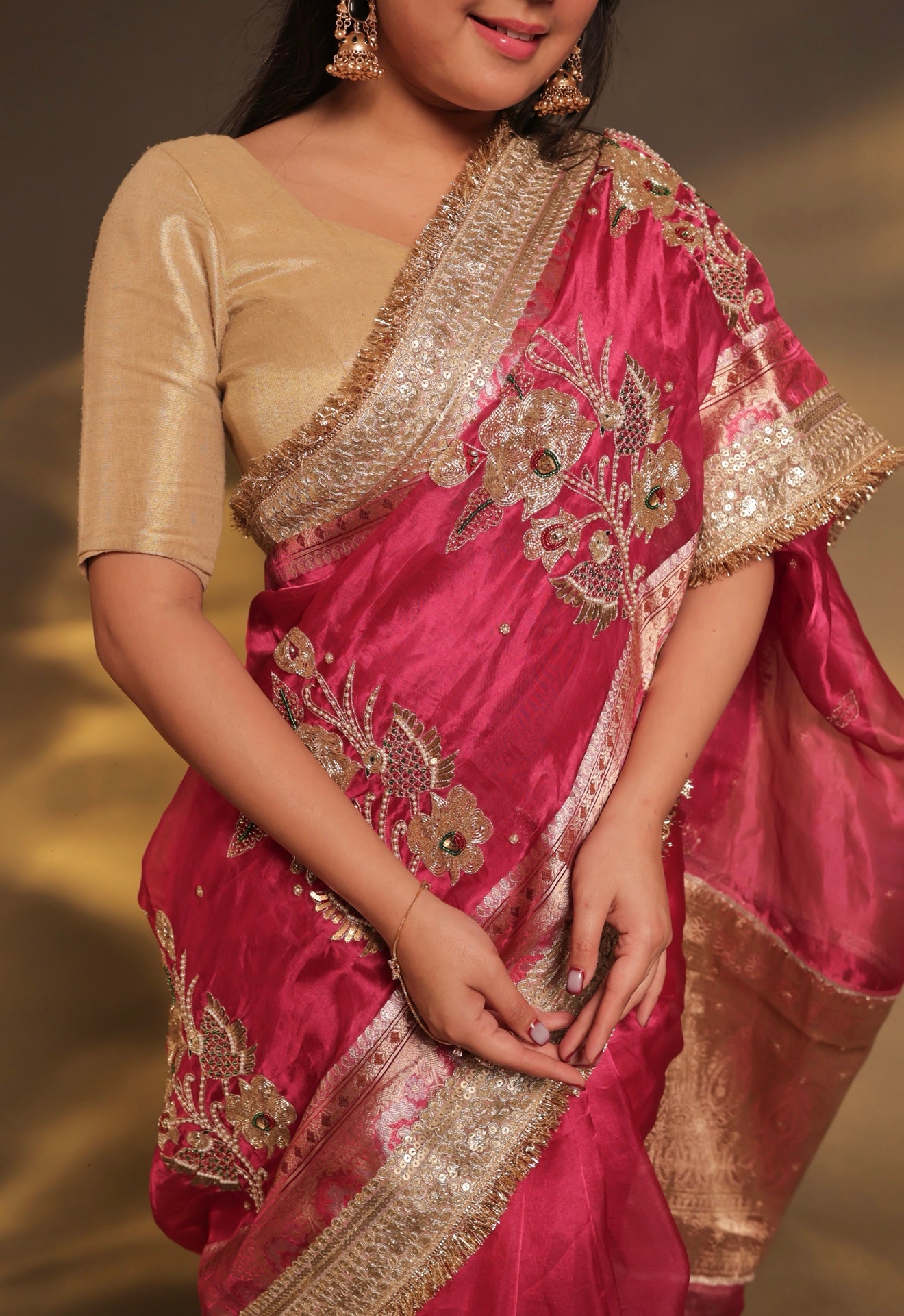 Gulabi Ishq - Pure Tissue Silk Saree With Hand Embroidery