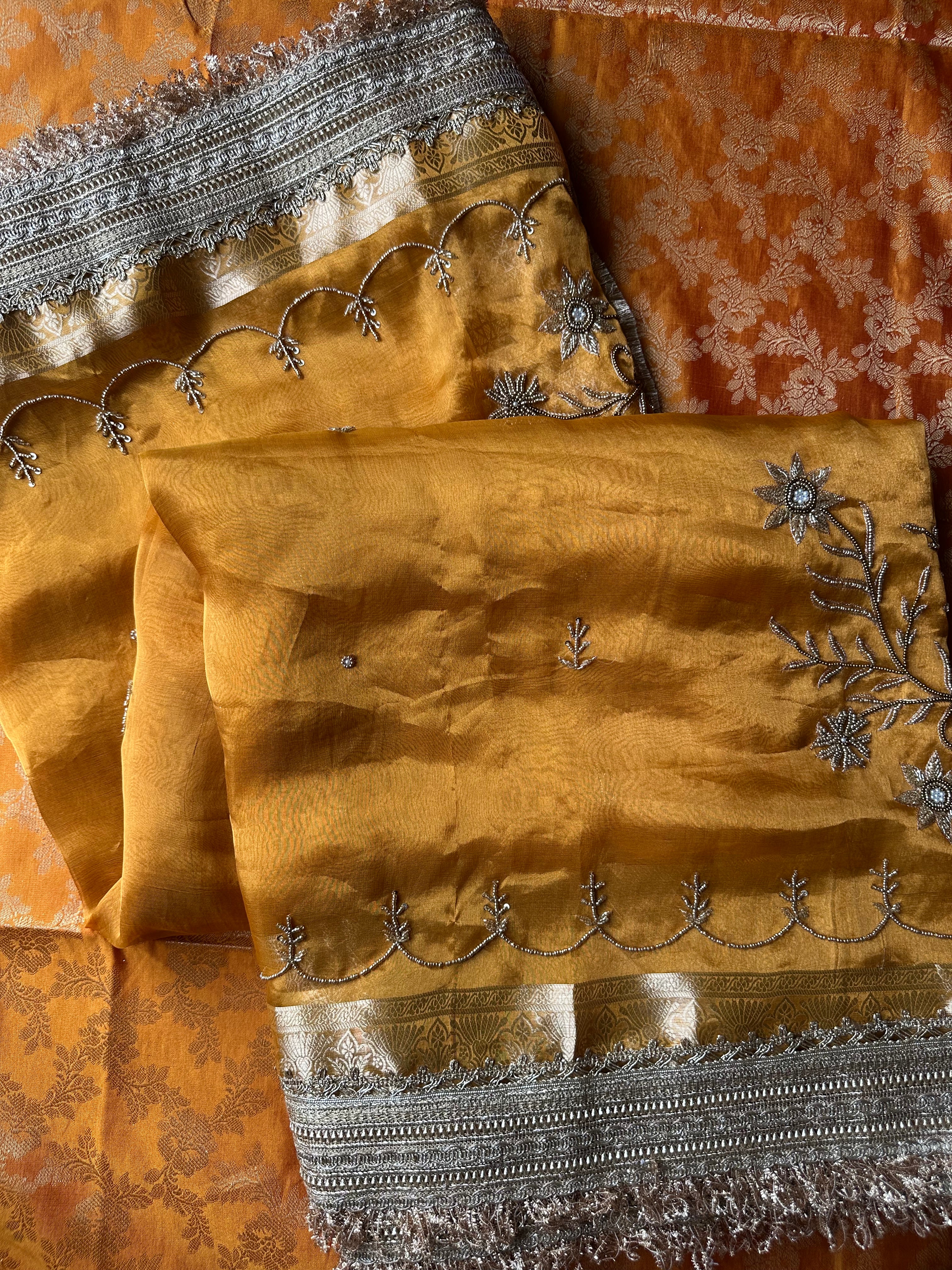 Yellow - Pure Tissue Silk Saree With Hand Embroidery