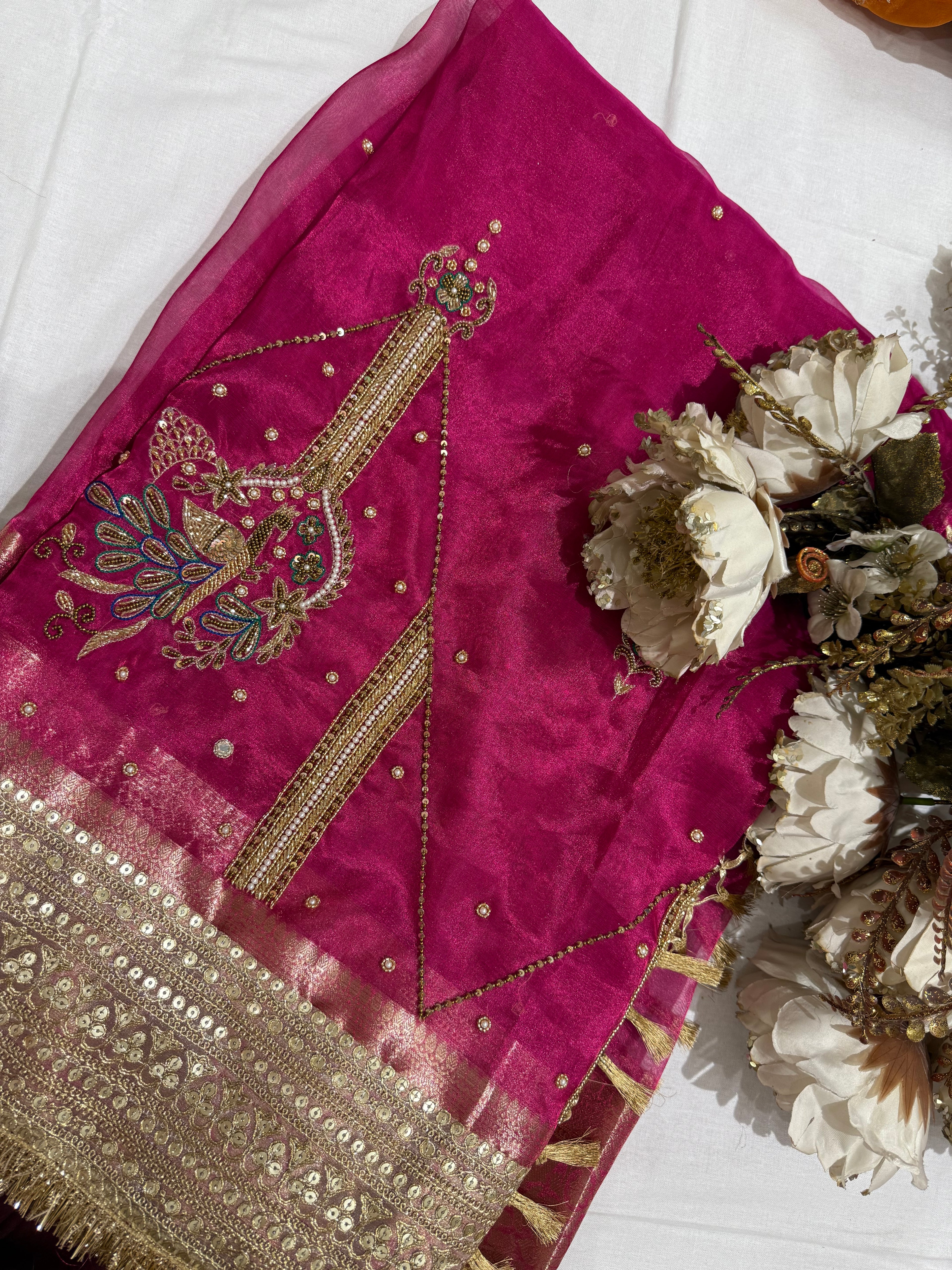 Bridal Trousseau Edit - Pure Tissue Silk Saree With Hand Embroidery