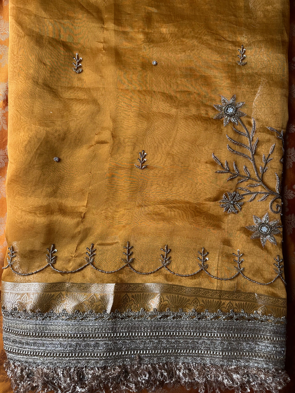 Yellow - Pure Tissue Silk Saree With Hand Embroidery