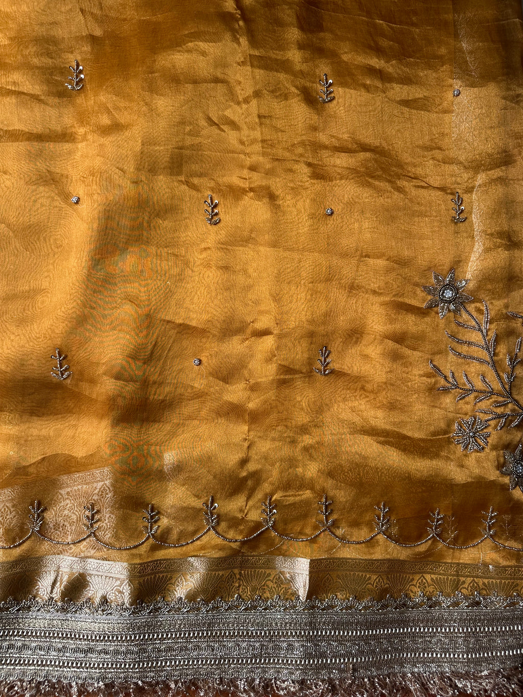 Yellow - Pure Tissue Silk Saree With Hand Embroidery