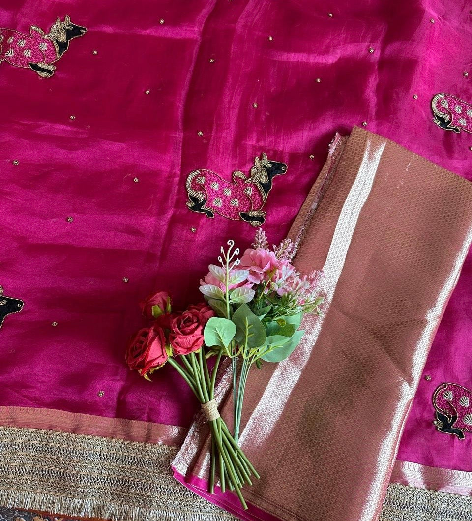 Pink Tissue Silk Saree With Brocade Blouse