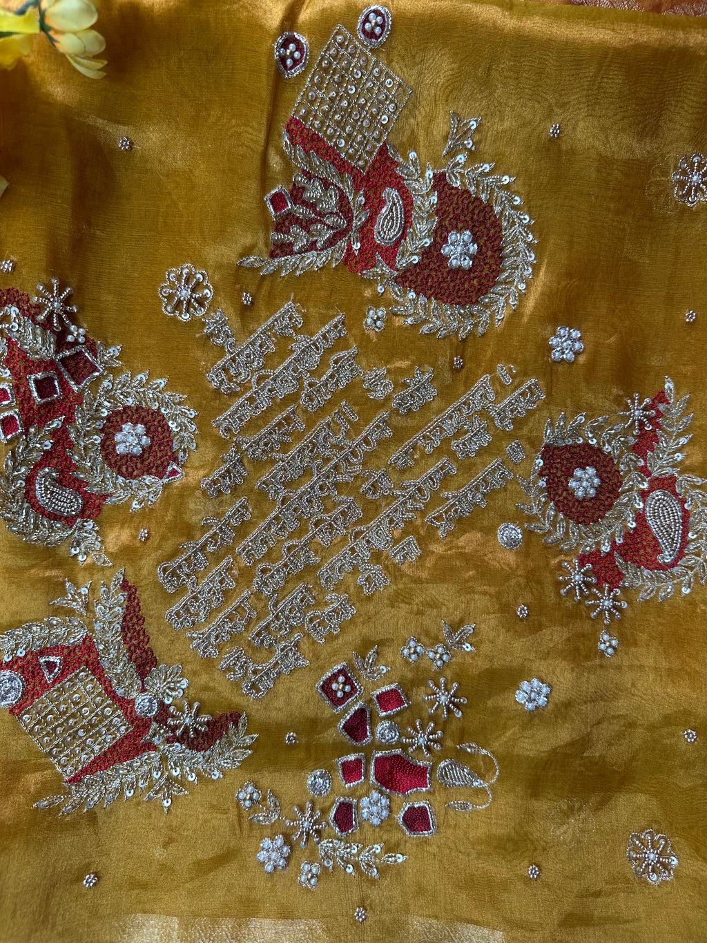 Gayatri Mantra Waali Saree - Pure Tissue Silk Saree With Hand Embroidery