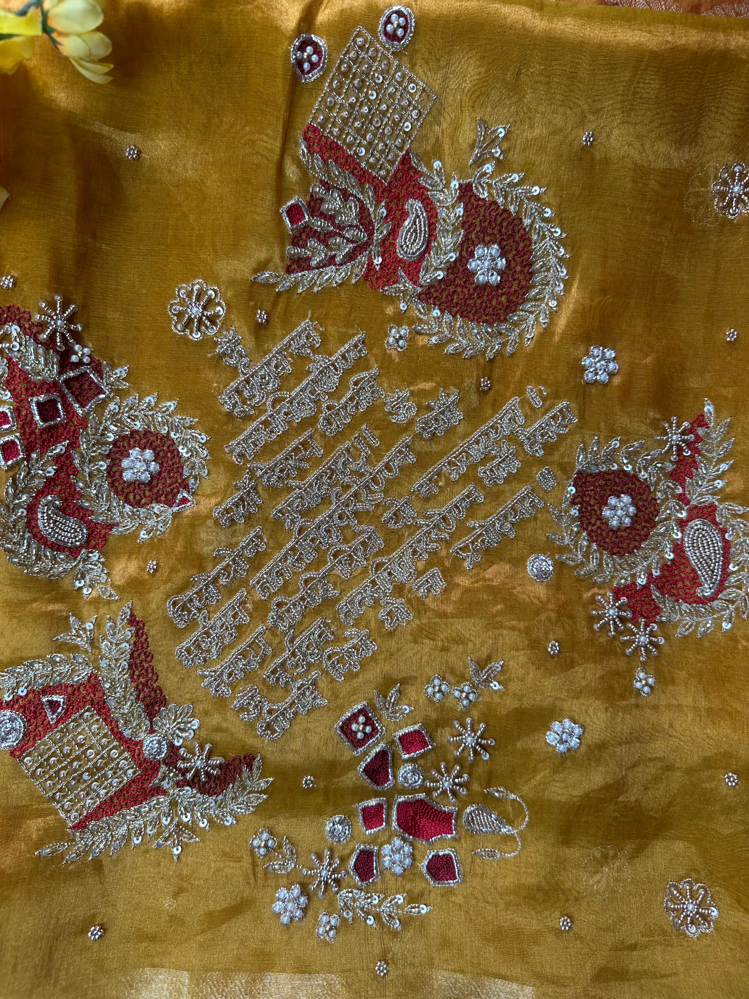 Gayatri Mantra Waali Saree - Pure Tissue Silk Saree With Hand Embroidery