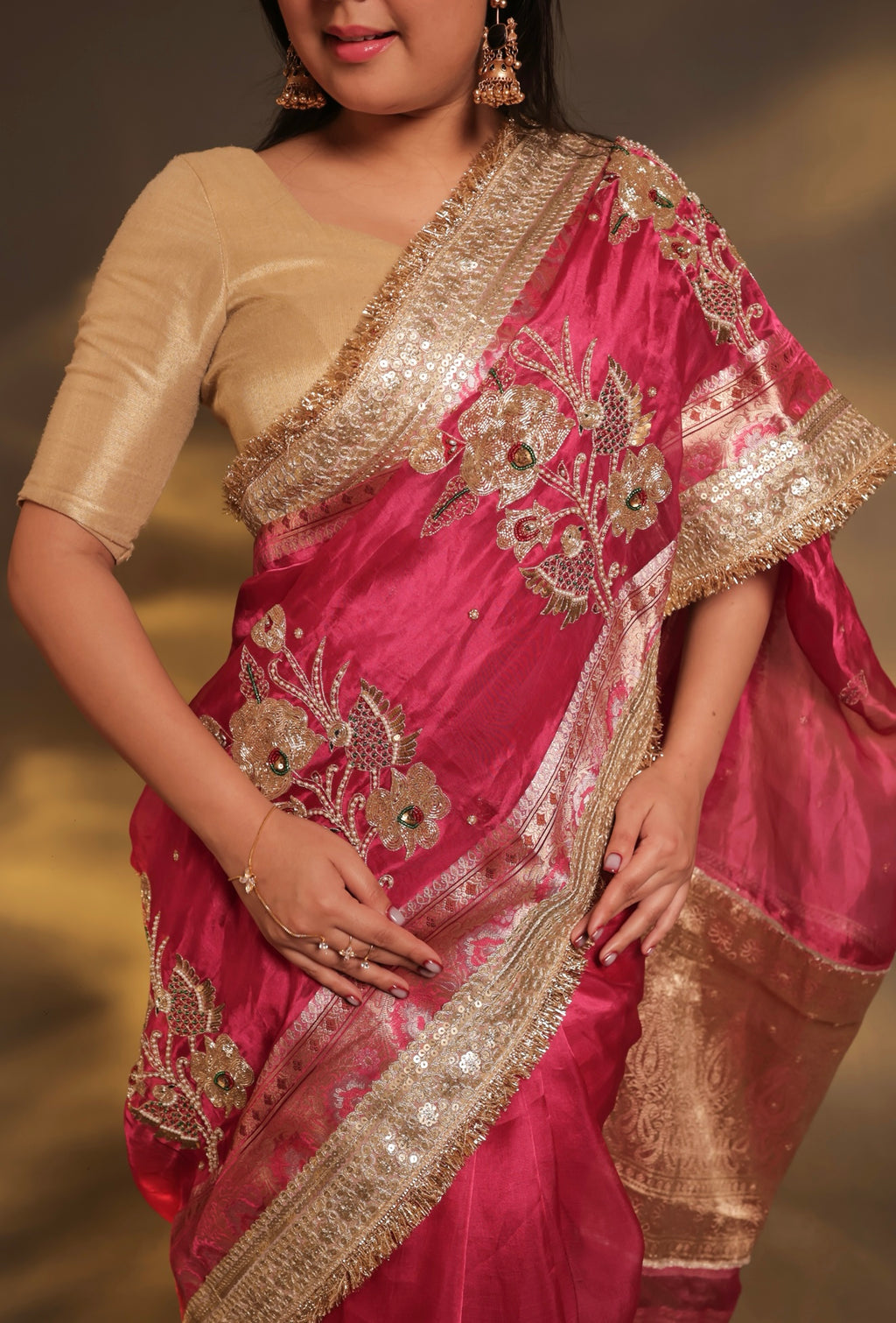 Gulabi Ishq - Pure Tissue Silk Saree With Hand Embroidery