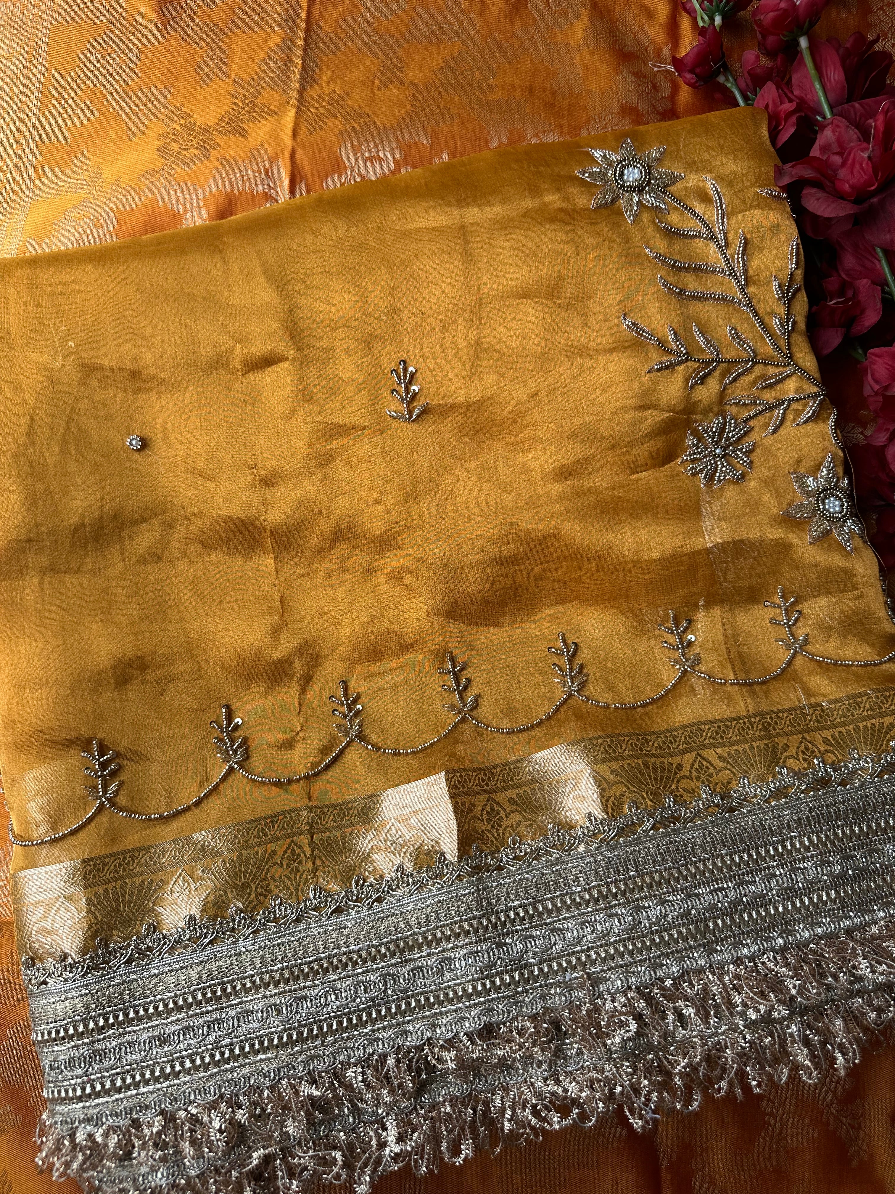 Yellow - Pure Tissue Silk Saree With Hand Embroidery