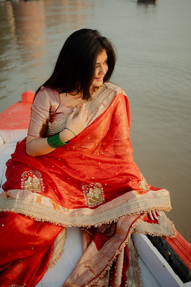 GodhBharai Special - Pure Tissue Silk Saree With Hand Embroidery