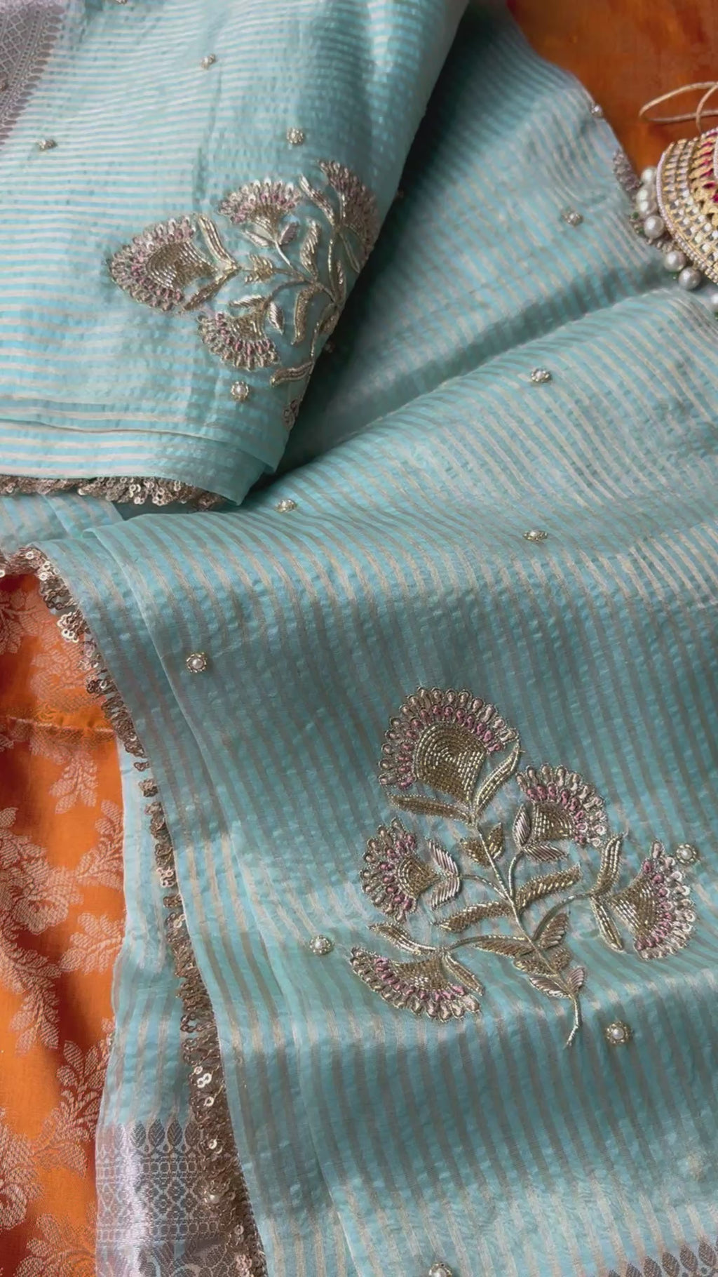 Blue - Pure Tissue Silk Saree With Hand Embroidery